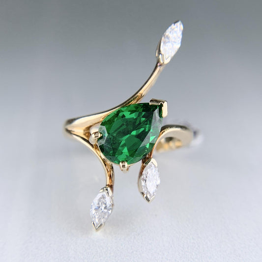Vintage Tsavorite and Marquise Diamond Ring 14k Yellow Gold