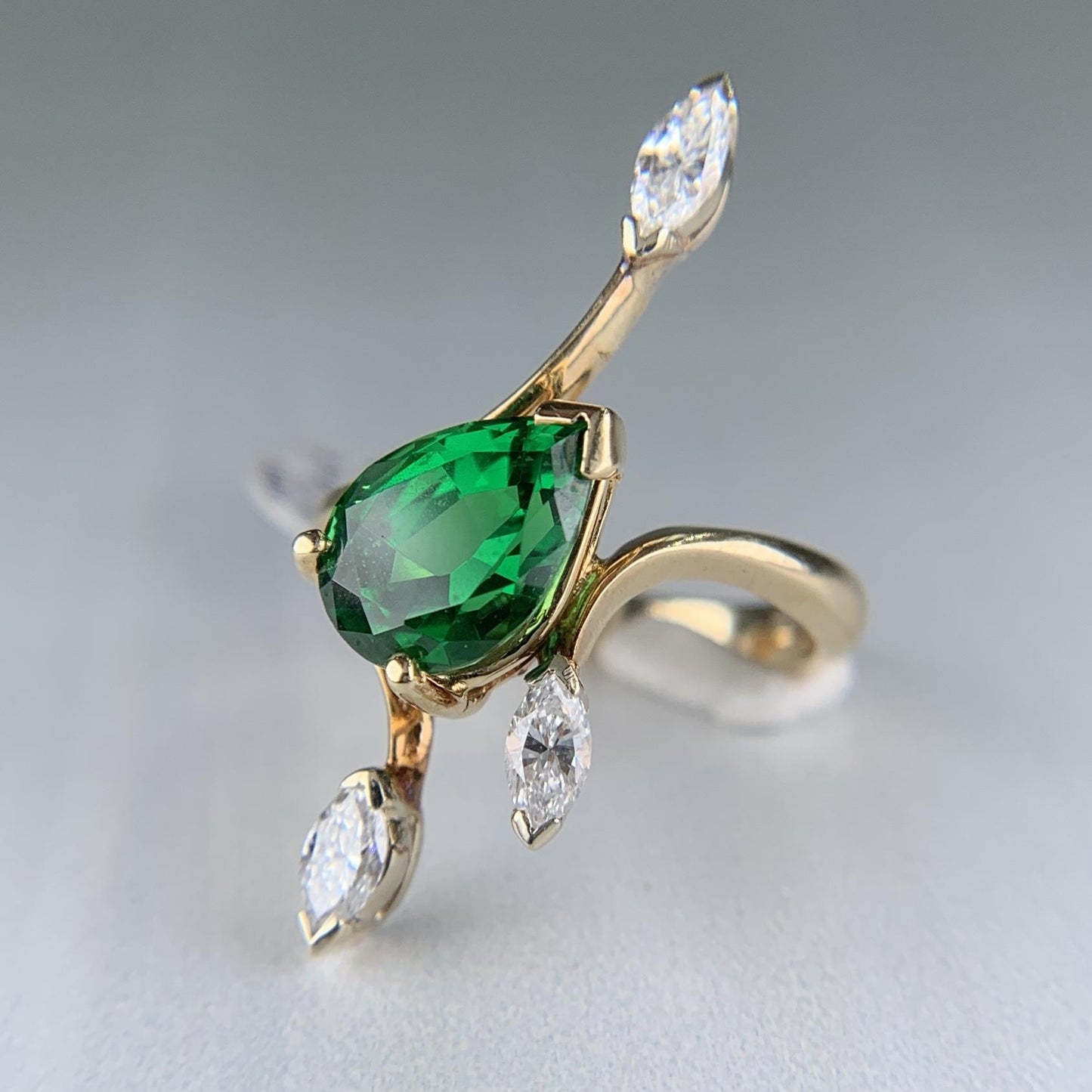 Vintage Tsavorite and Marquise Diamond Ring 14k Yellow Gold