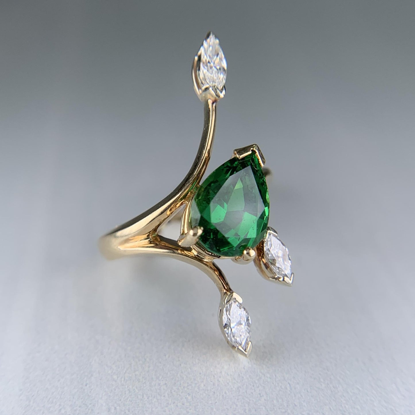 Vintage Tsavorite and Marquise Diamond Ring 14k Yellow Gold