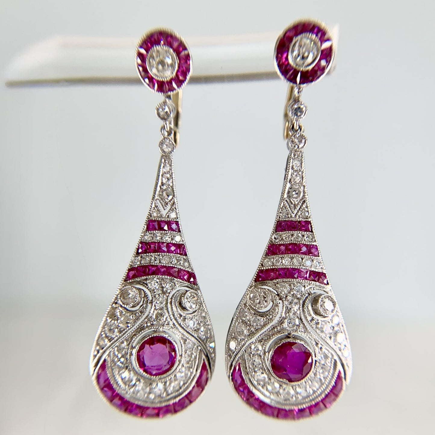 Estate Ruby and Old Cut Diamond Dangle Earrings Platinum/14k Gold