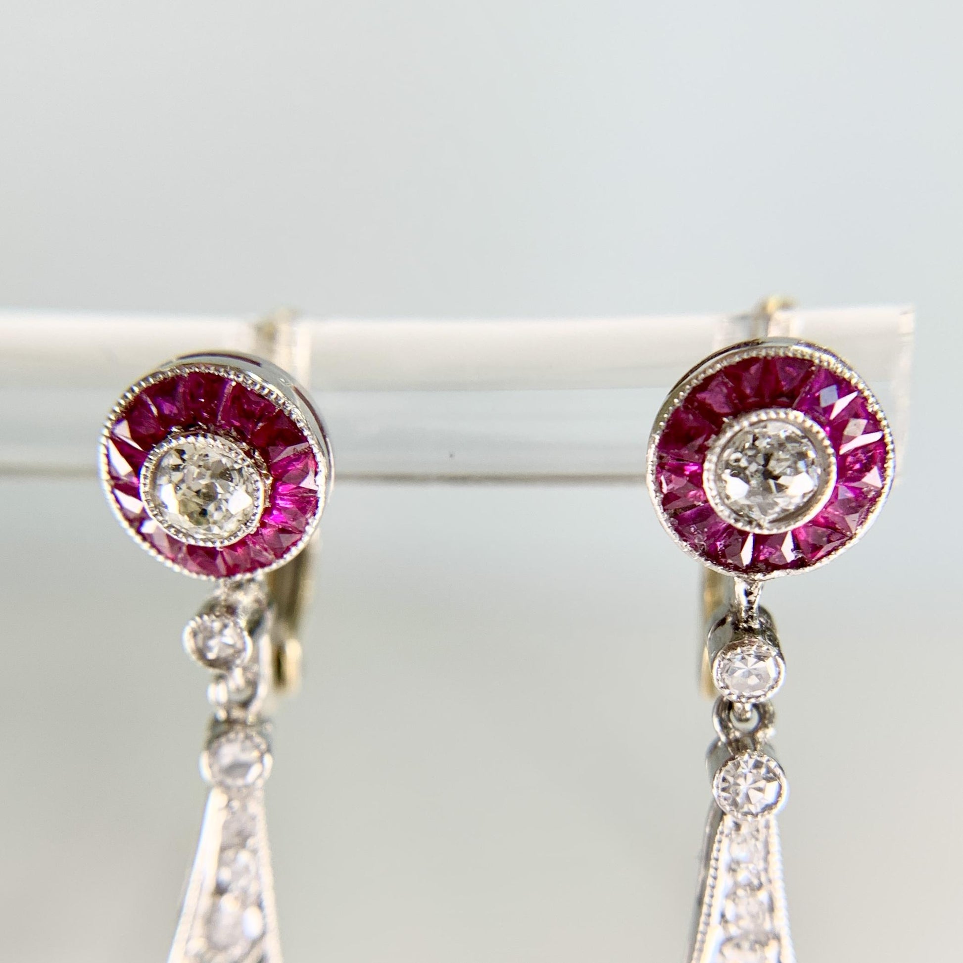 Estate Ruby and Old Cut Diamond Dangle Earrings Platinum/14k Gold