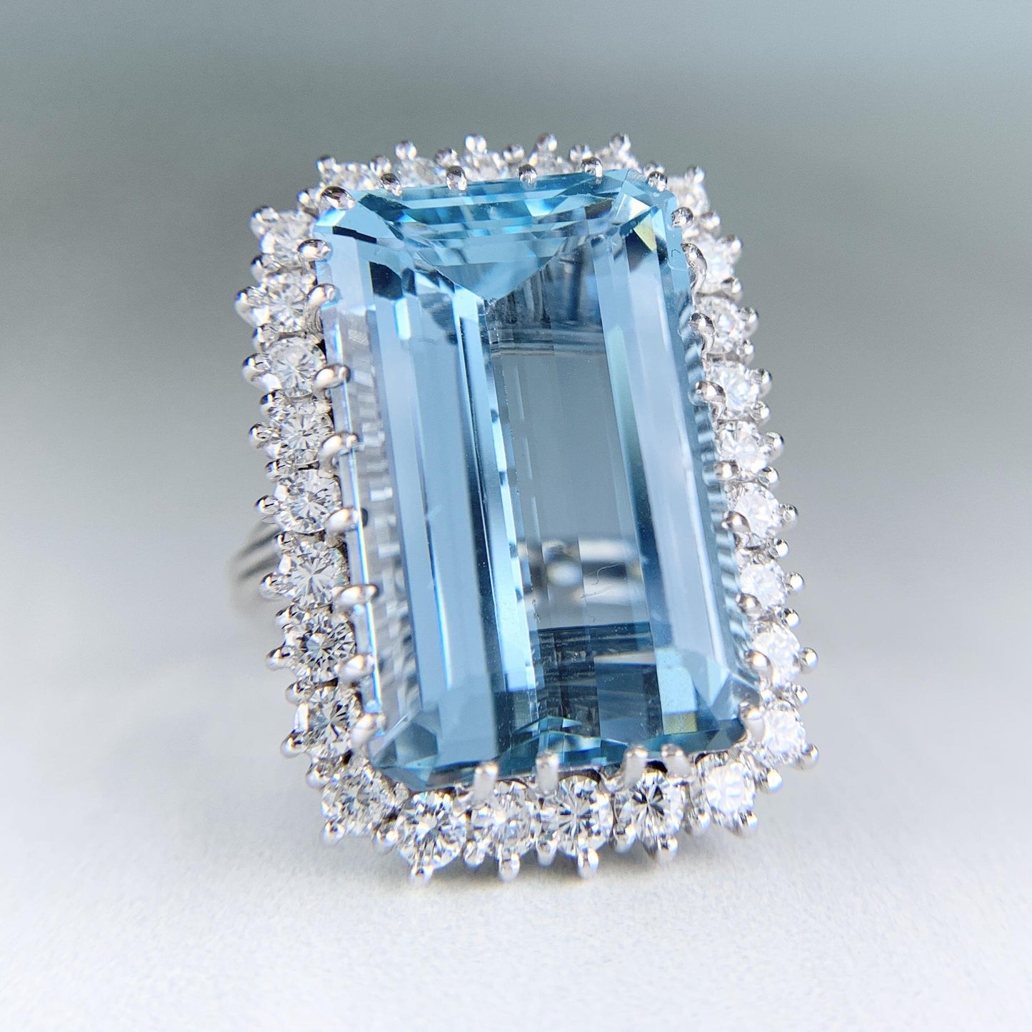 1960's Vintage 17.5 Carat Aquamarine and Diamond Statement Ring 18k White Gold