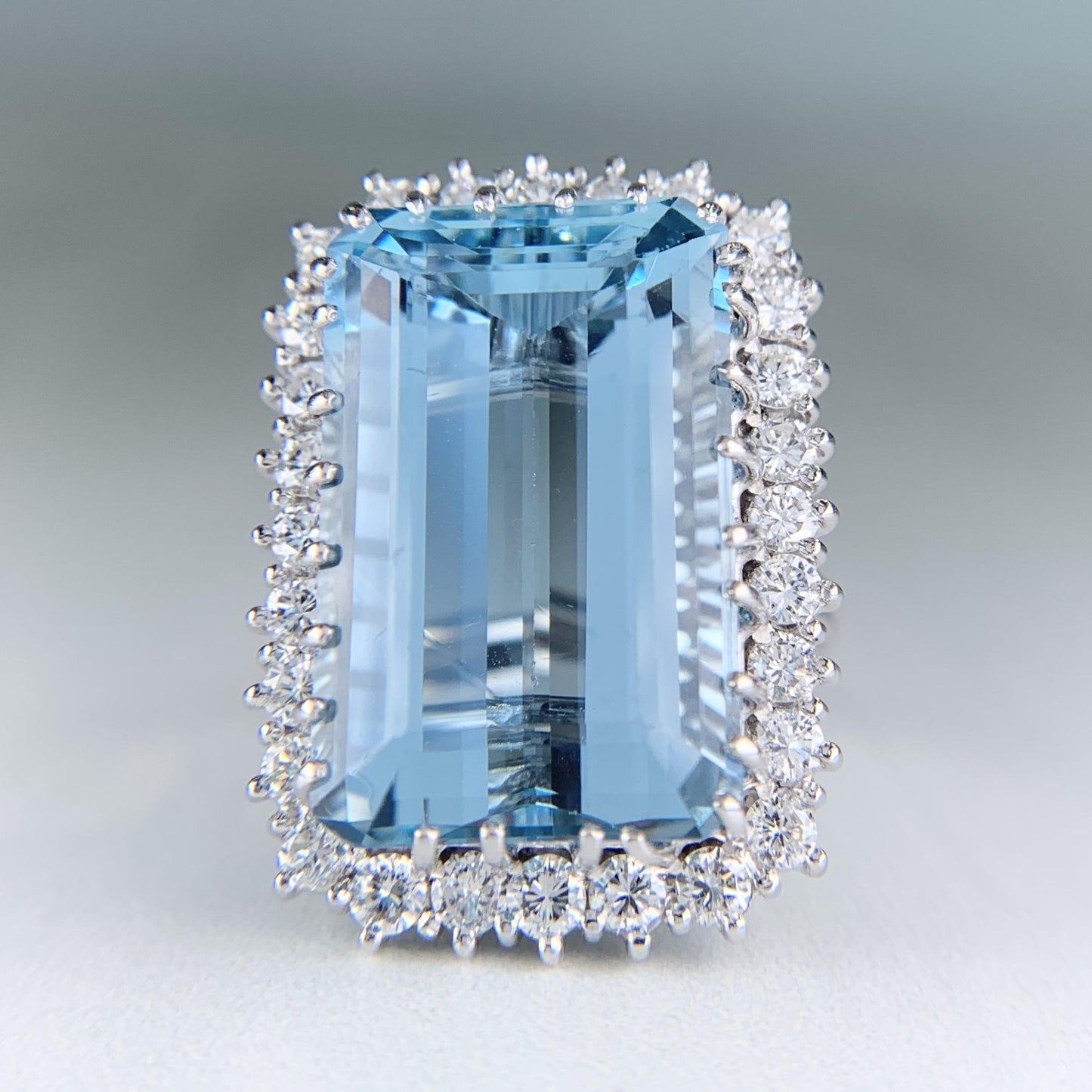 1960's Vintage 17.5 Carat Aquamarine and Diamond Statement Ring 18k White Gold