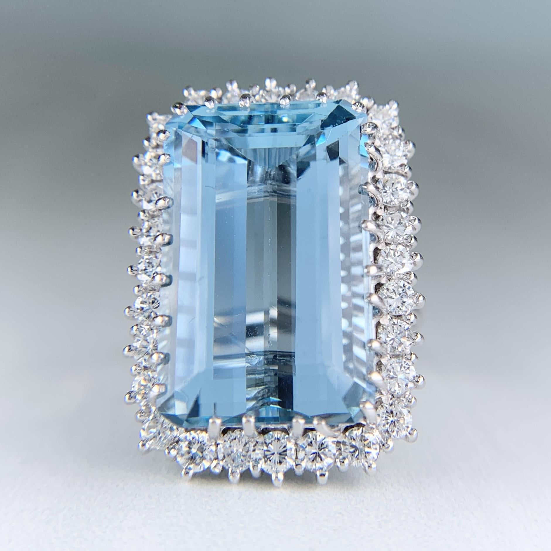 1960's Vintage 17.5 Carat Aquamarine and Diamond Statement Ring 18k White Gold