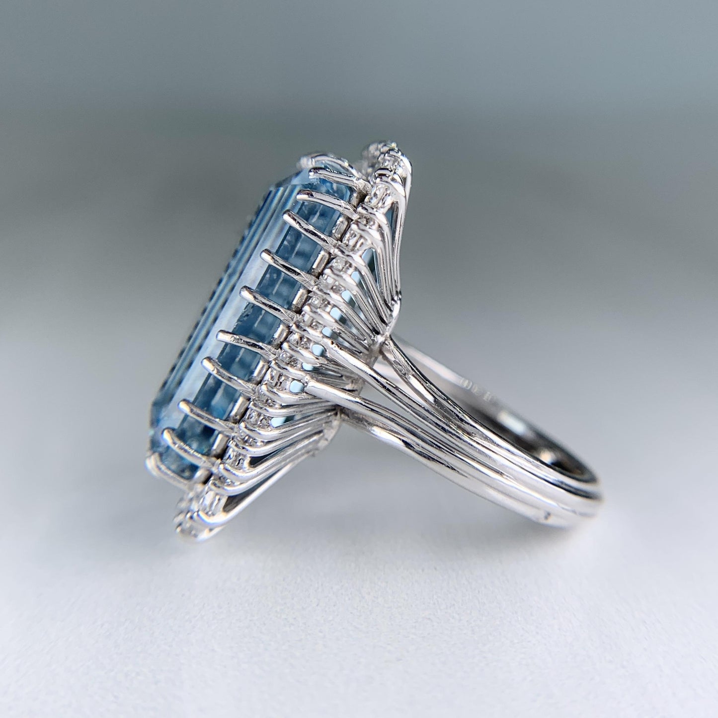 1960's Vintage 17.5 Carat Aquamarine and Diamond Statement Ring 18k White Gold