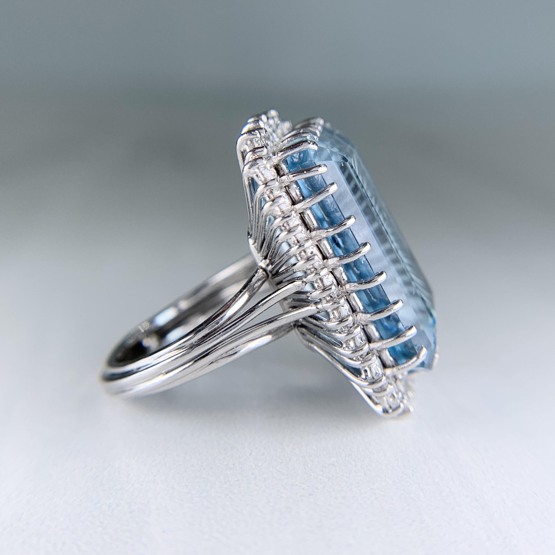 1960's Vintage 17.5 Carat Aquamarine and Diamond Statement Ring 18k White Gold