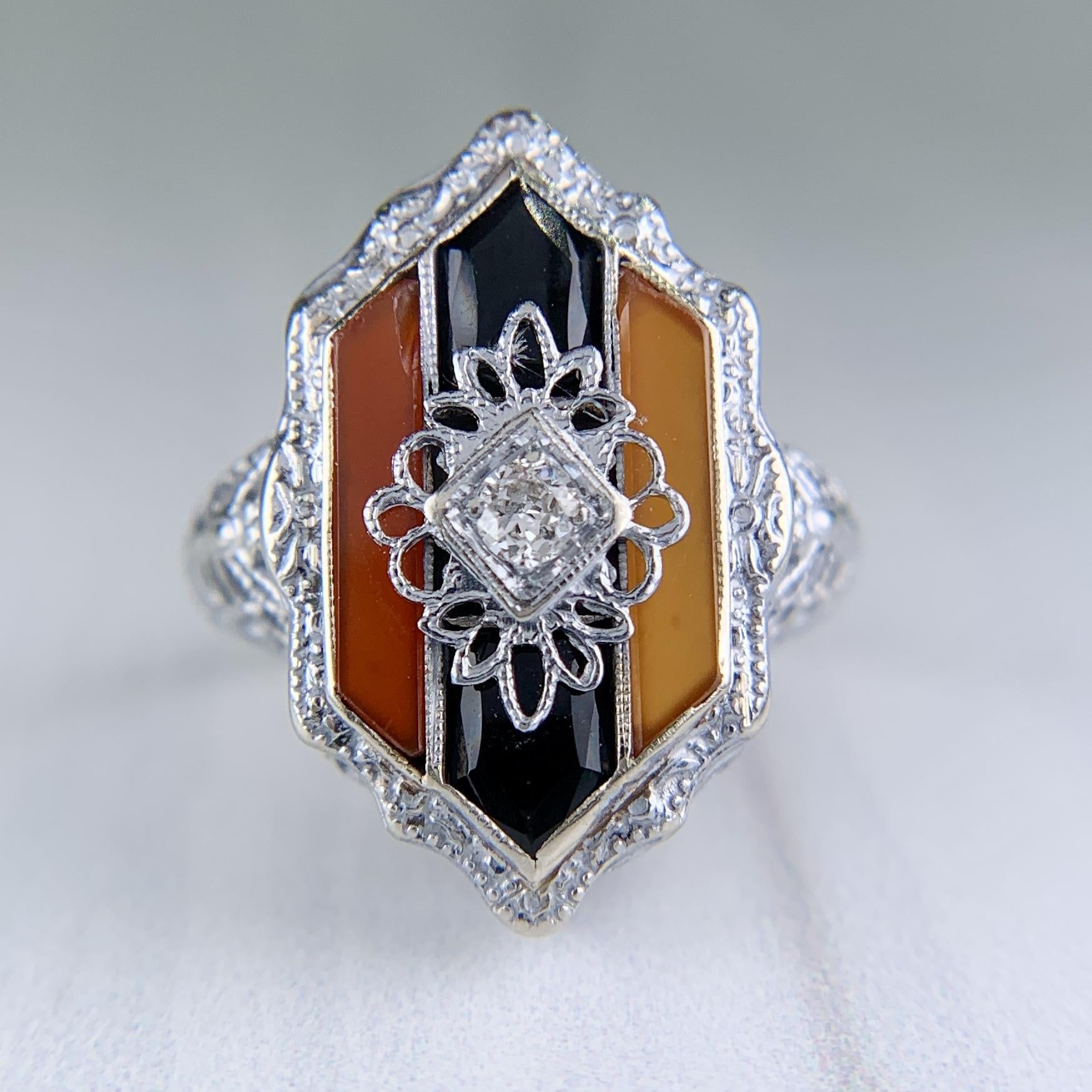 Antique 1925 Art Deco Carnelian and Onyx Diamond Filigree Ring 14k White Gold