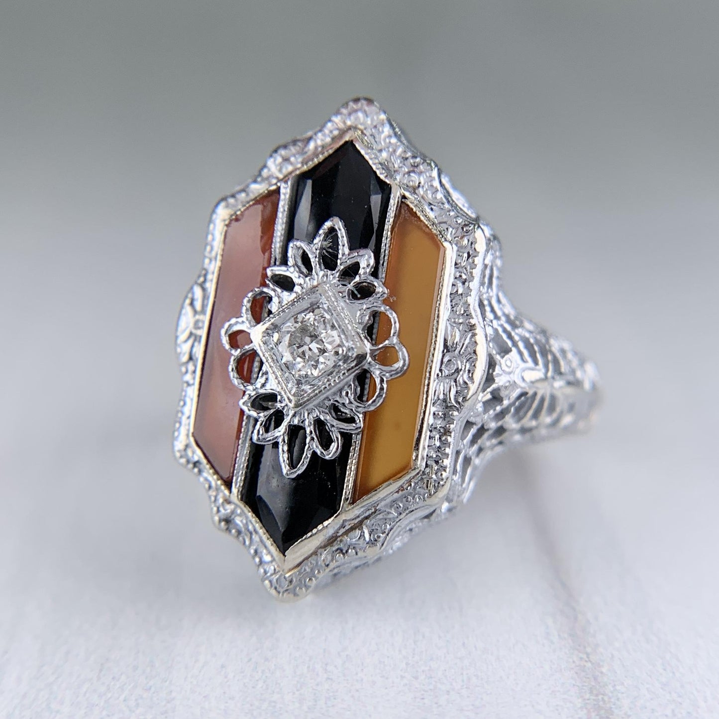Antique 1925 Art Deco Carnelian and Onyx Diamond Filigree Ring 14k White Gold