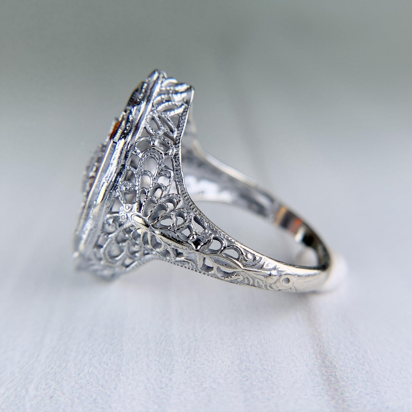 Antique 1925 Art Deco Carnelian and Onyx Diamond Filigree Ring 14k White Gold