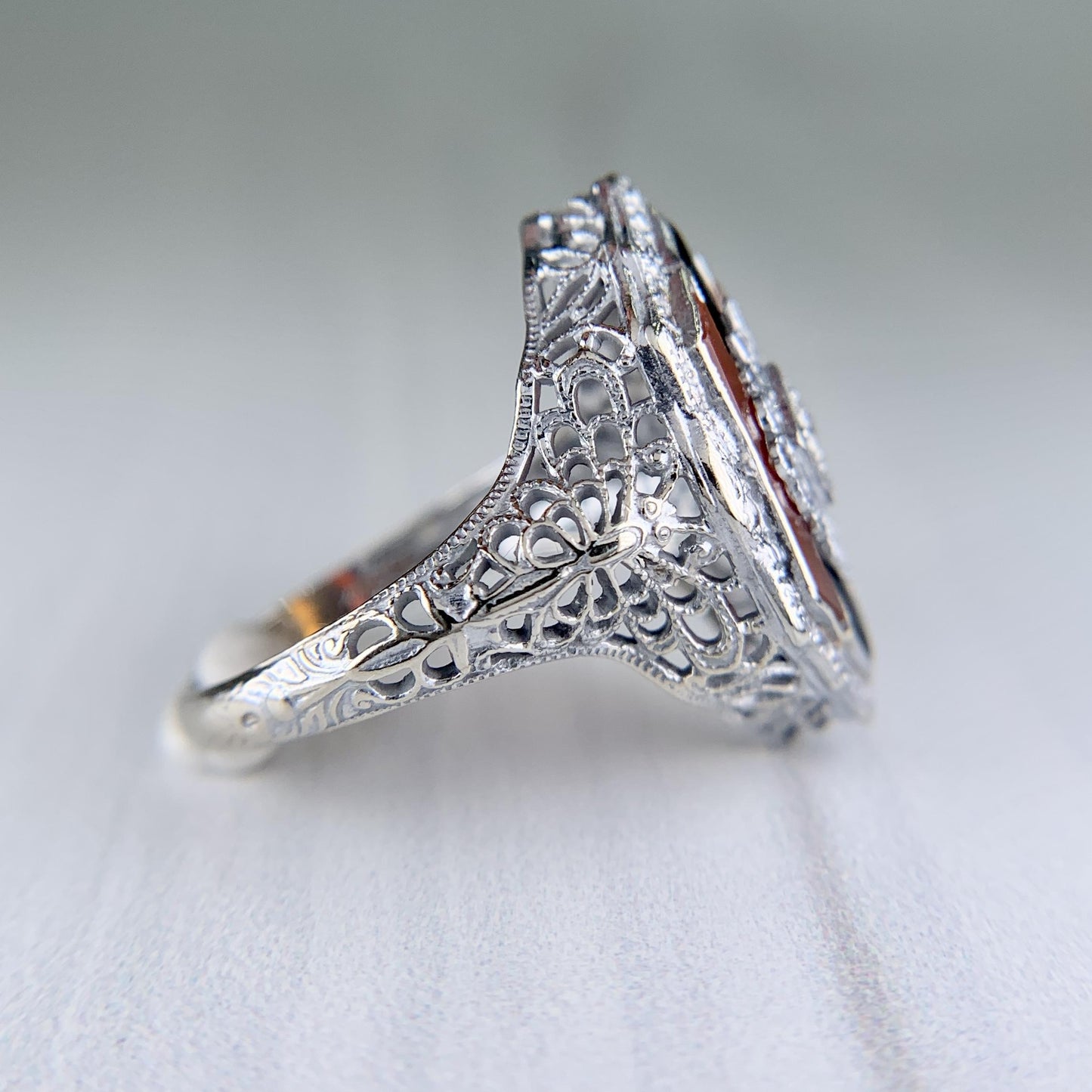 Antique 1925 Art Deco Carnelian and Onyx Diamond Filigree Ring 14k White Gold