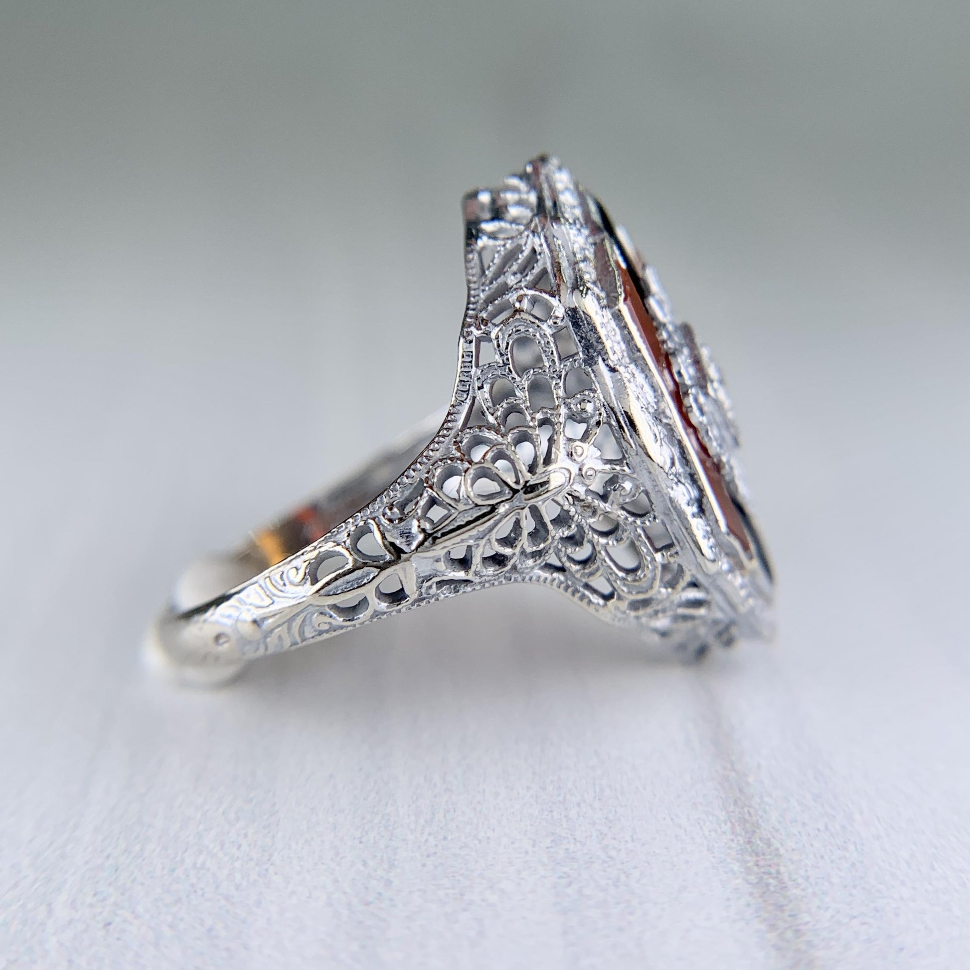Antique 1925 Art Deco Carnelian and Onyx Diamond Filigree Ring 14k White Gold