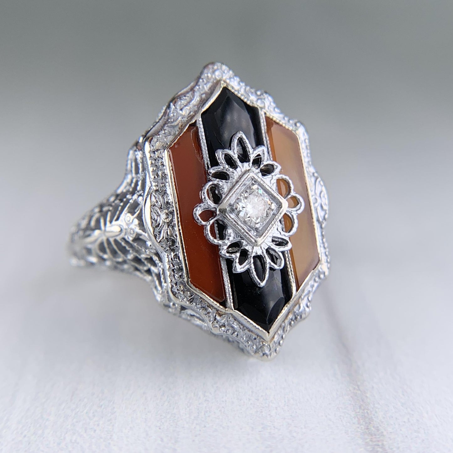 Antique 1925 Art Deco Carnelian and Onyx Diamond Filigree Ring 14k White Gold