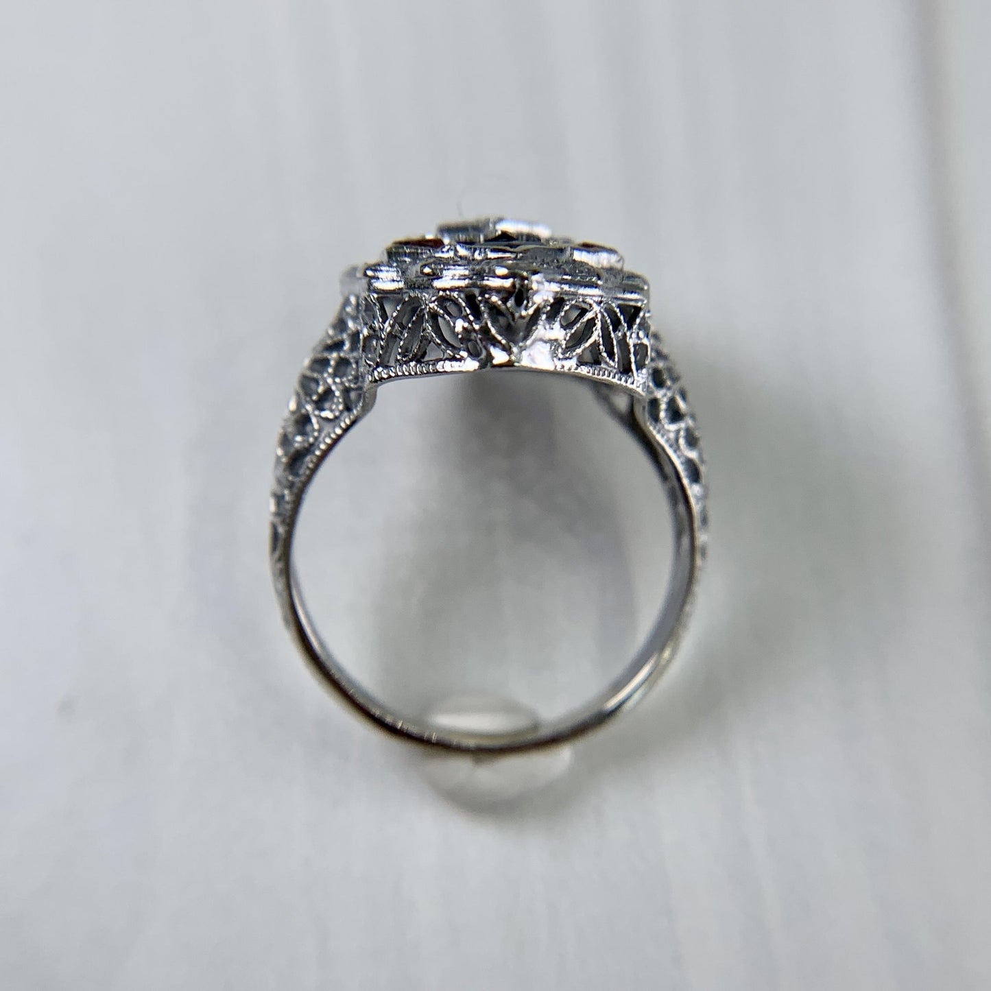 Antique 1925 Art Deco Carnelian and Onyx Diamond Filigree Ring 14k White Gold