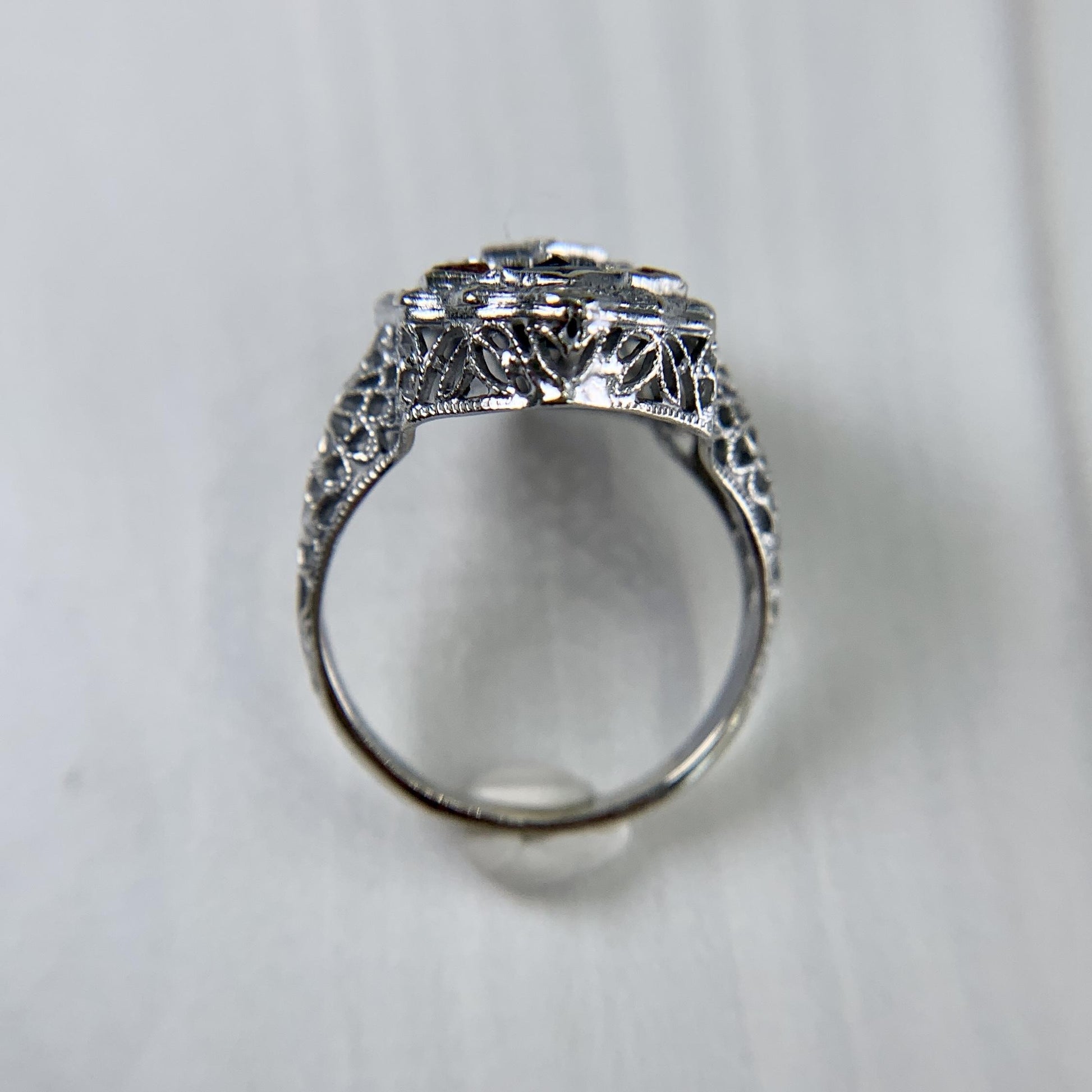 Antique 1925 Art Deco Carnelian and Onyx Diamond Filigree Ring 14k White Gold