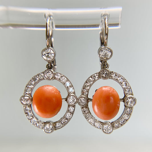 Antique 1925 Art Deco Coral and Old European Diamond Earrings Plat/14k