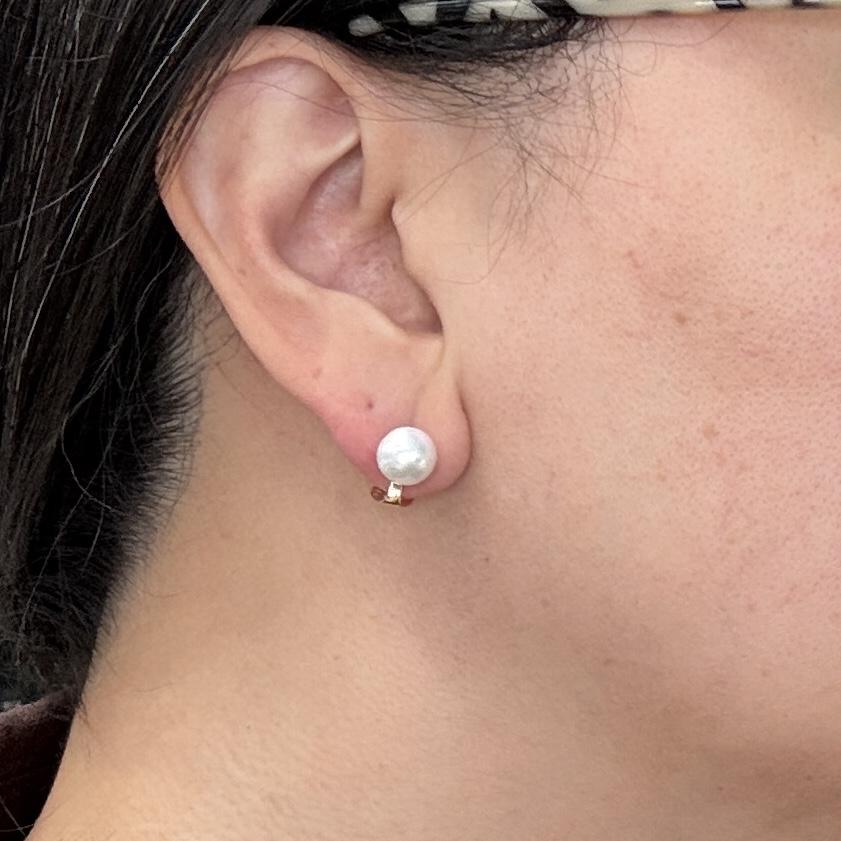 9mm White Akoya Cultured Pearl Omega Back Earrings 14k Yellow Gold
