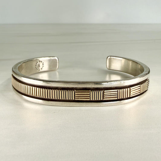 Vintage Bruce Morgan Navajo Sterling Silver and 14k Yellow Gold Cuff Bracelet