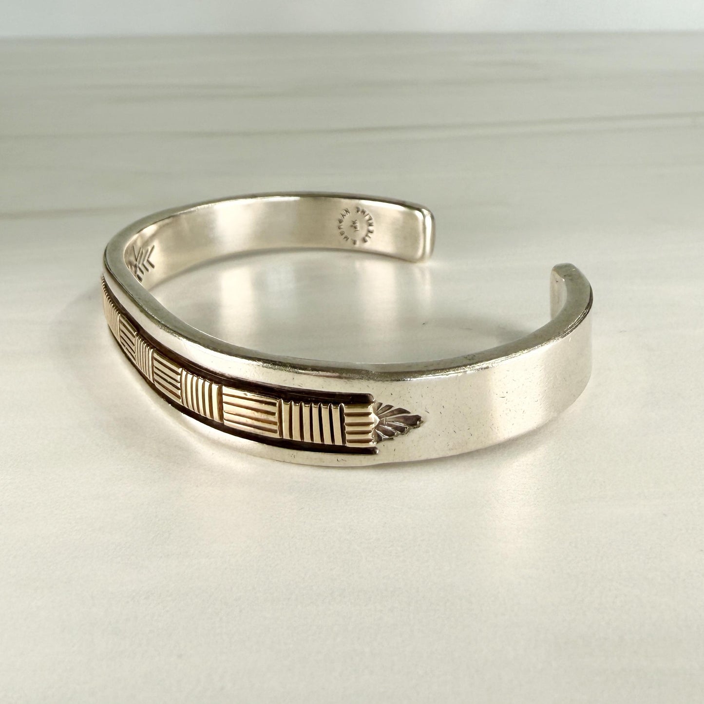 Vintage Bruce Morgan Navajo Sterling Silver and 14k Yellow Gold Cuff Bracelet
