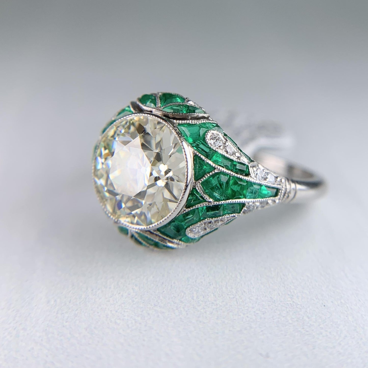 Old European Diamond and Emerald Engagement Ring Platinum