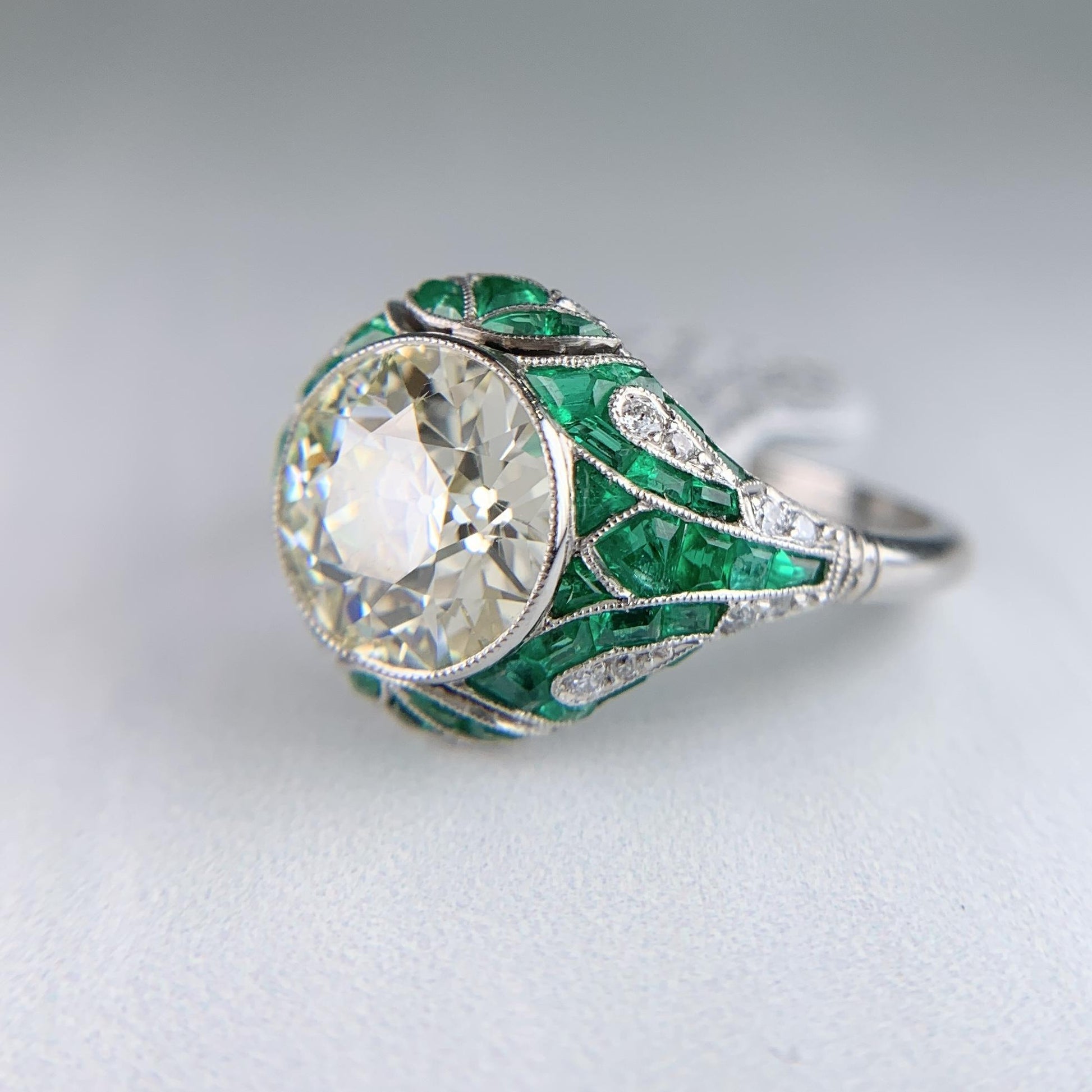Old European Diamond and Emerald Engagement Ring Platinum