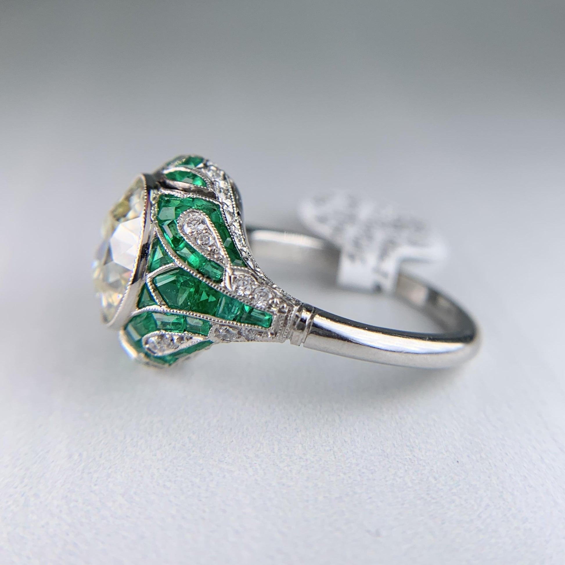 Old European Diamond and Emerald Engagement Ring Platinum