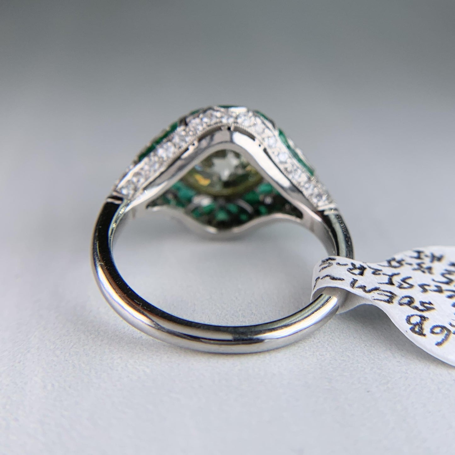 Old European Diamond and Emerald Engagement Ring Platinum