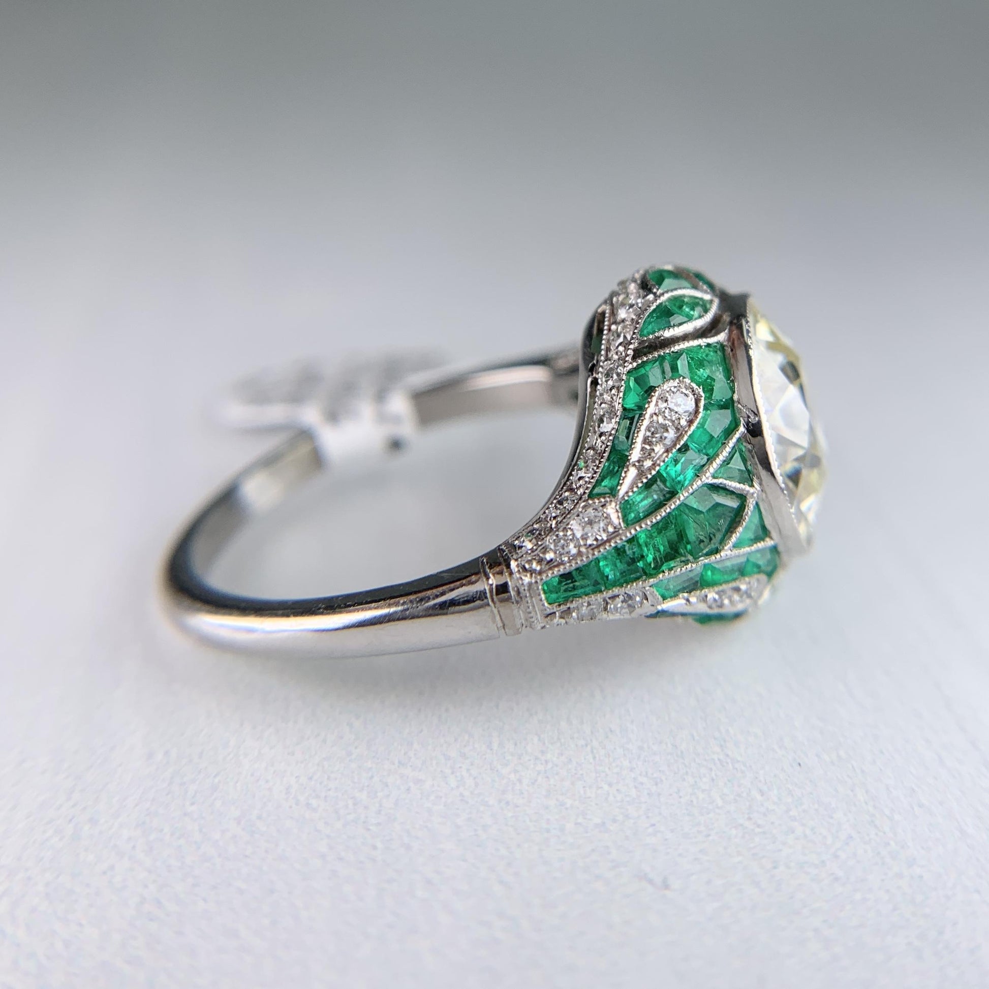 Old European Diamond and Emerald Engagement Ring Platinum