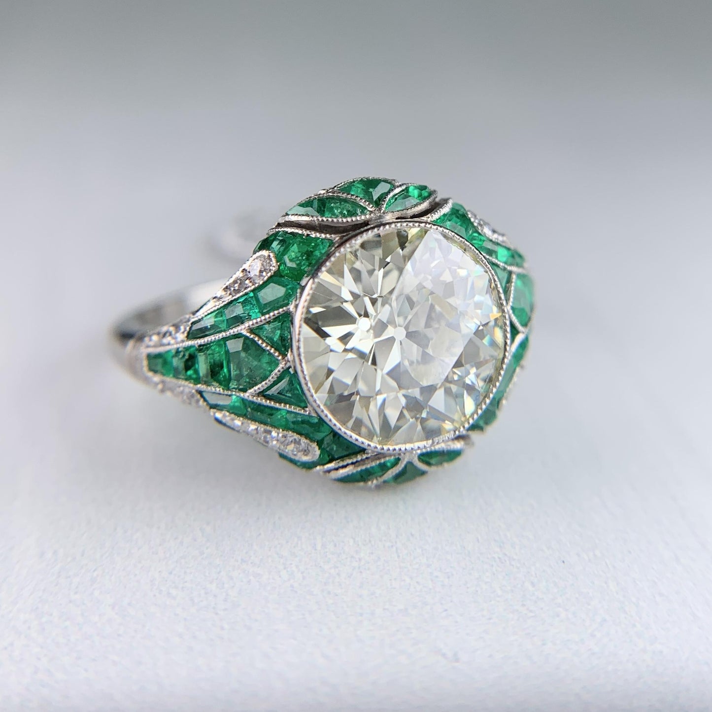 Old European Diamond and Emerald Engagement Ring Platinum