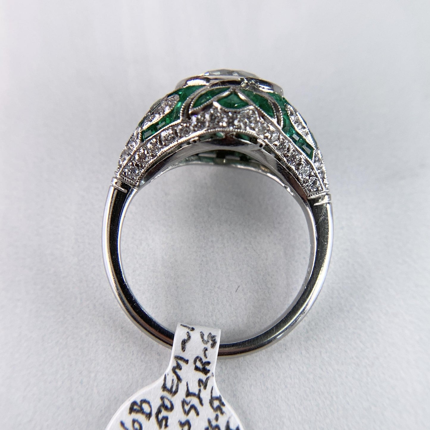 Old European Diamond and Emerald Engagement Ring Platinum