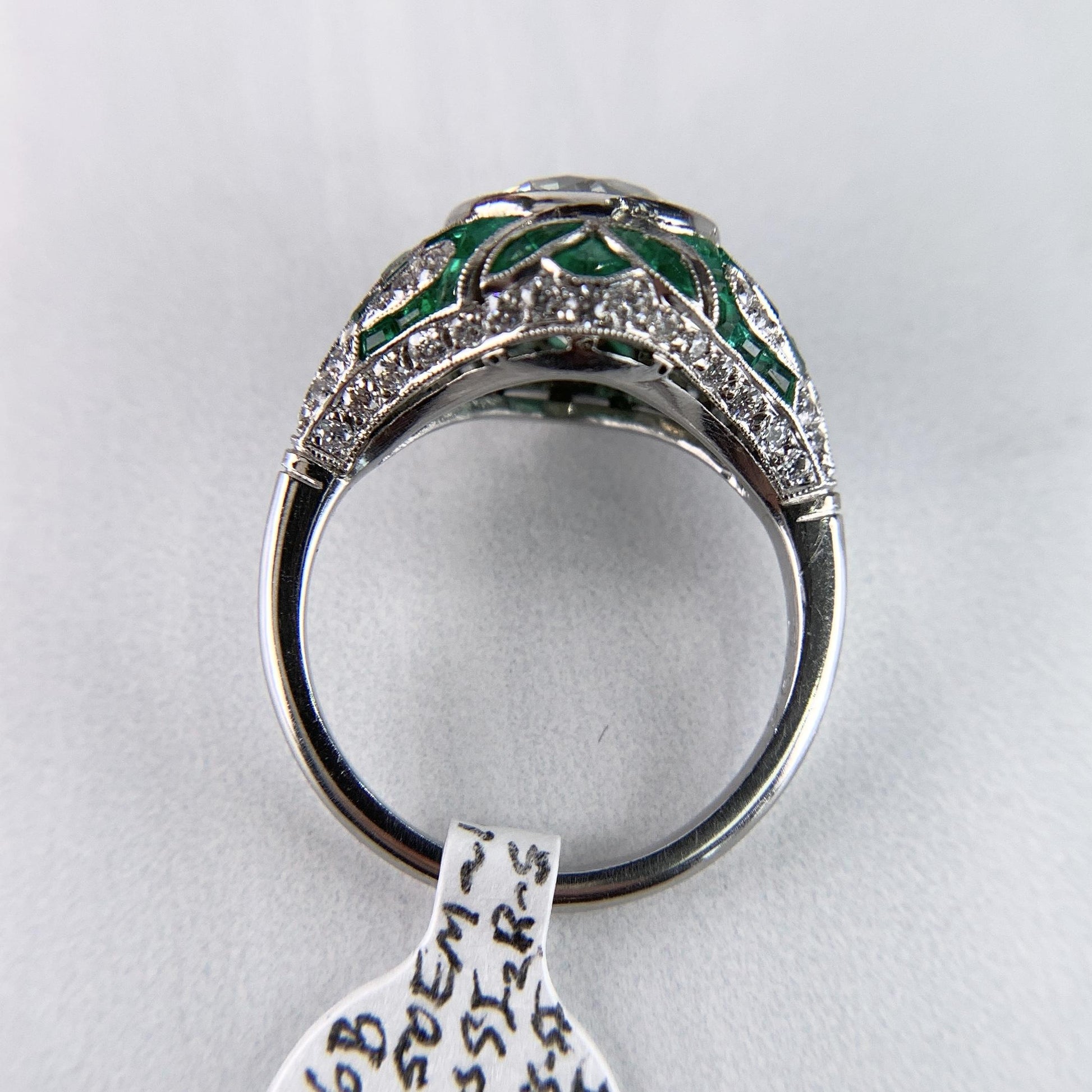 Old European Diamond and Emerald Engagement Ring Platinum