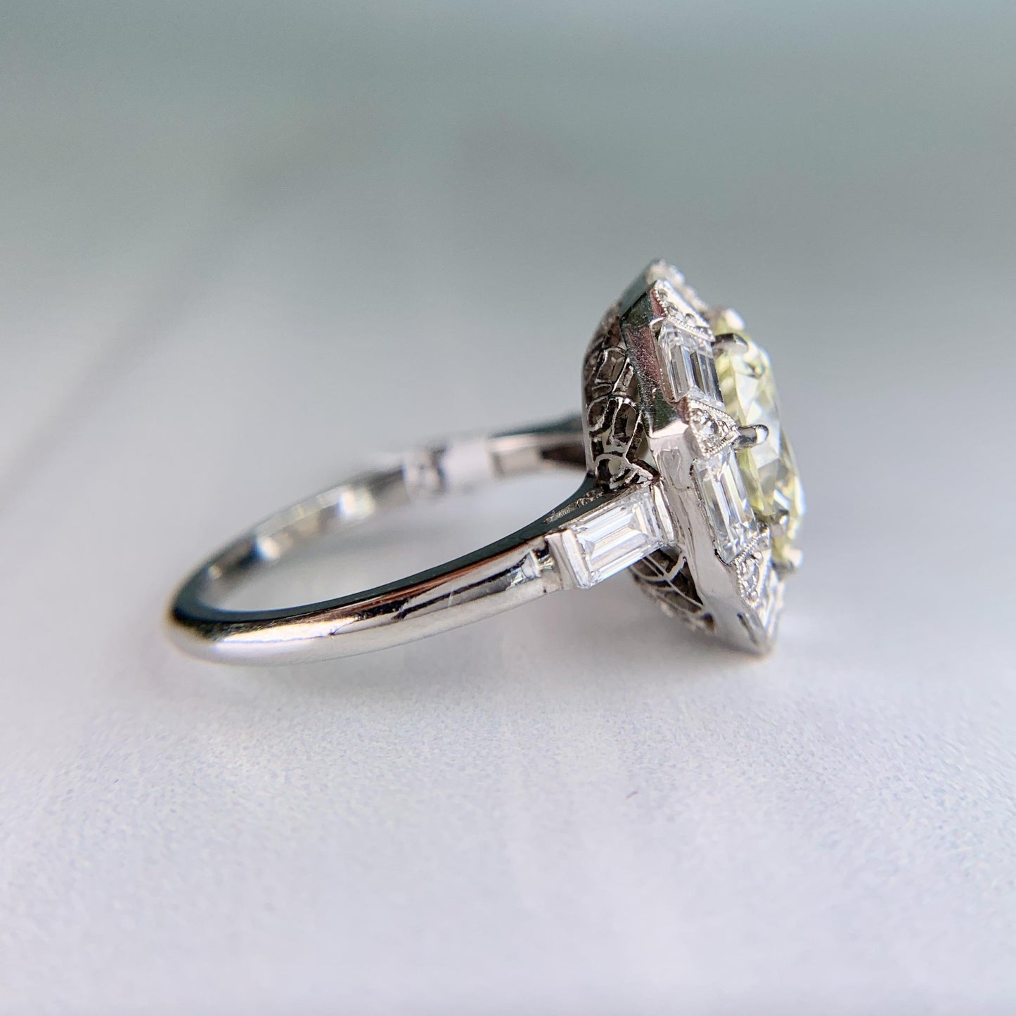 Vintage 1950's Transitional Cut and Step Cut Diamond Engagement Ring Platinum