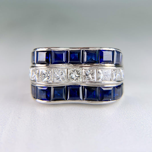 Vintage Princess Cut Sapphire and Diamond Ring Platinum