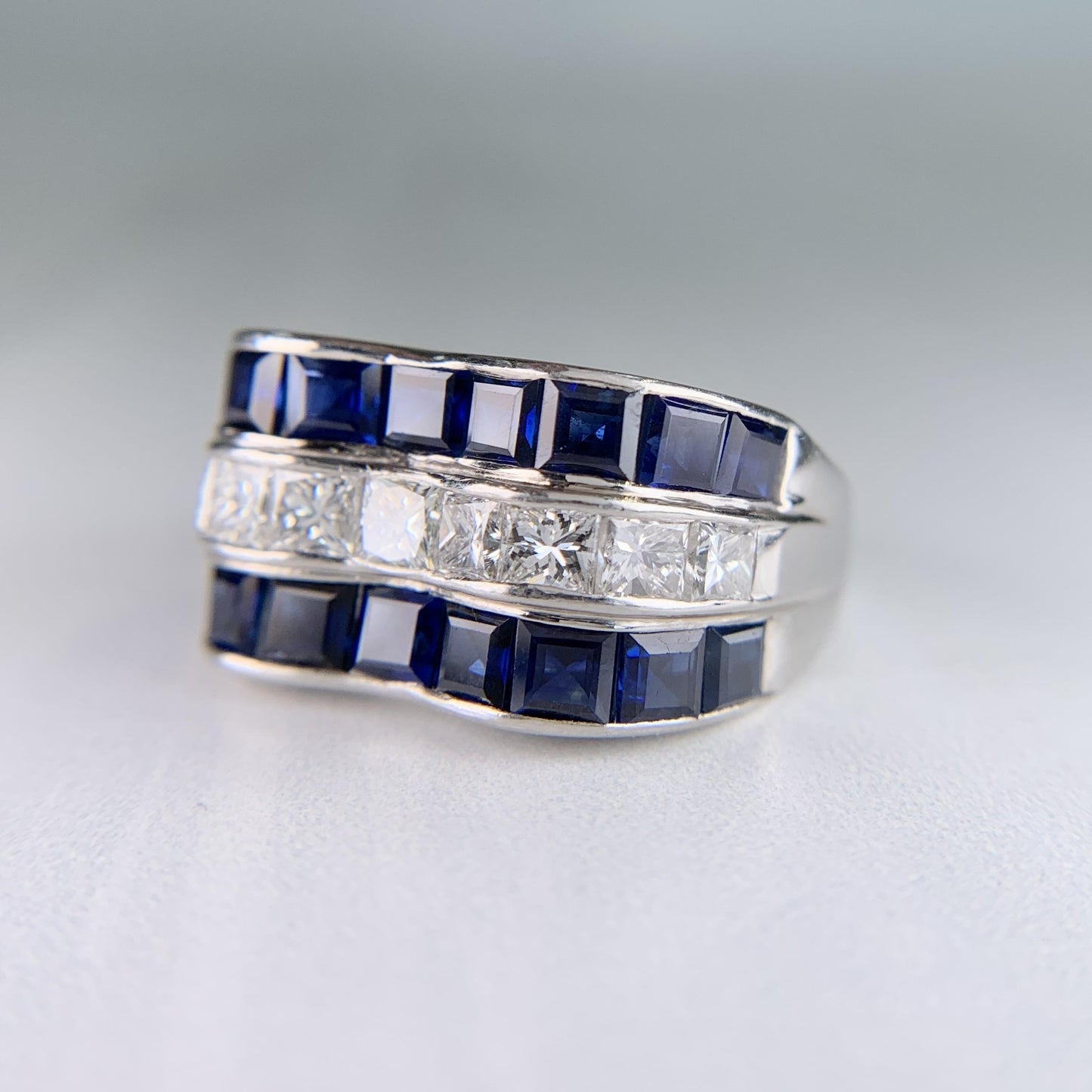 Vintage Princess Cut Sapphire and Diamond Ring Platinum