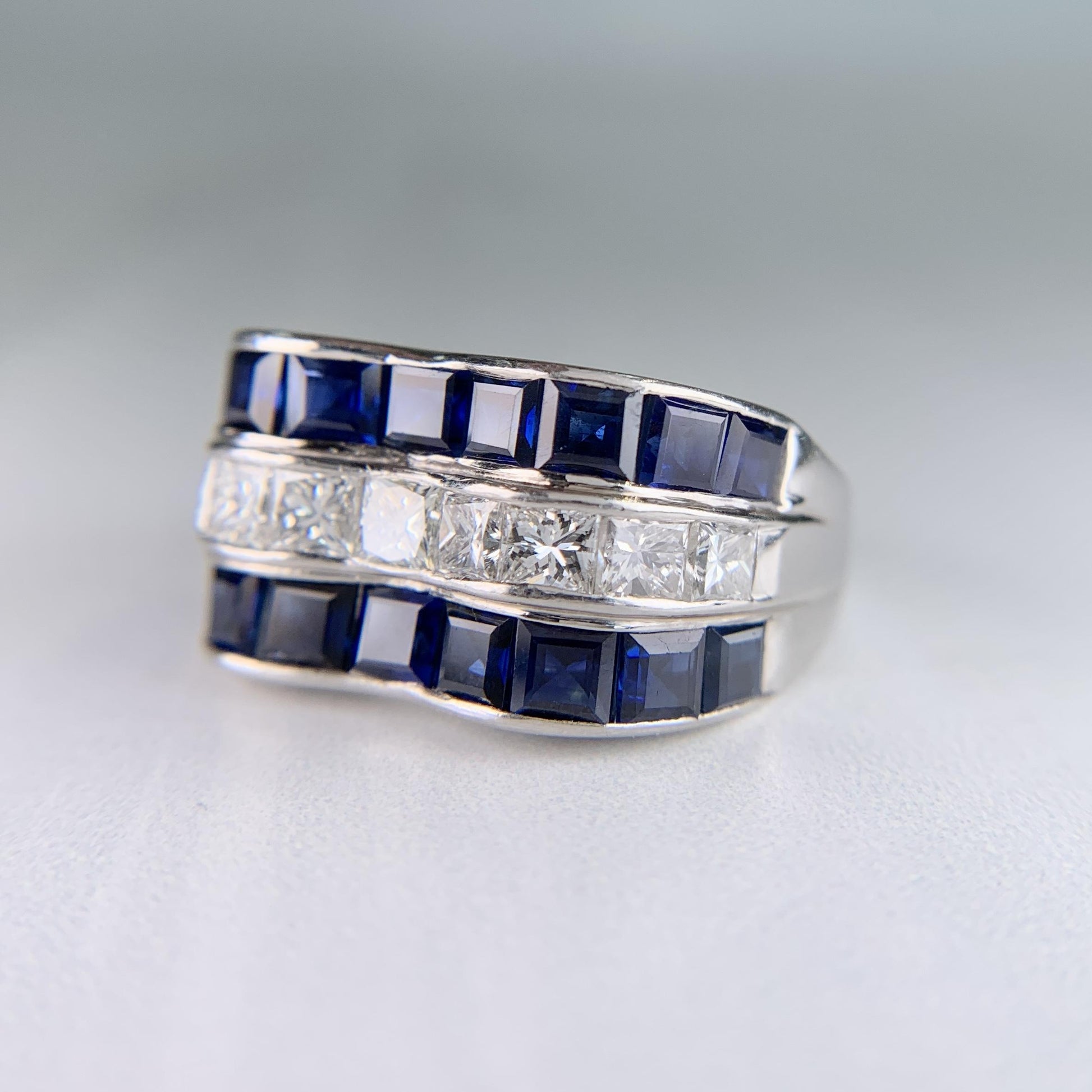Vintage Princess Cut Sapphire and Diamond Ring Platinum