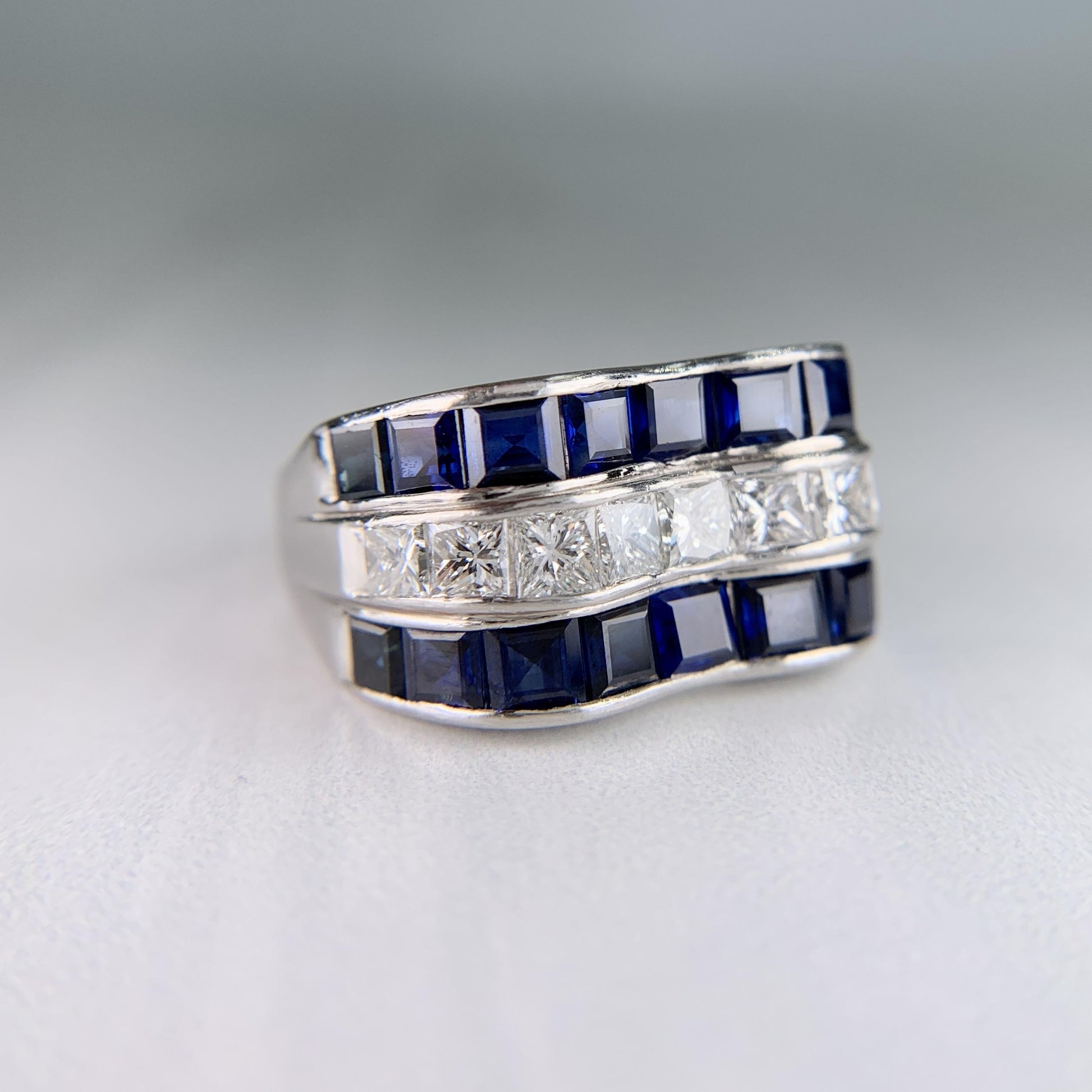 Vintage Princess Cut Sapphire and Diamond Ring Platinum