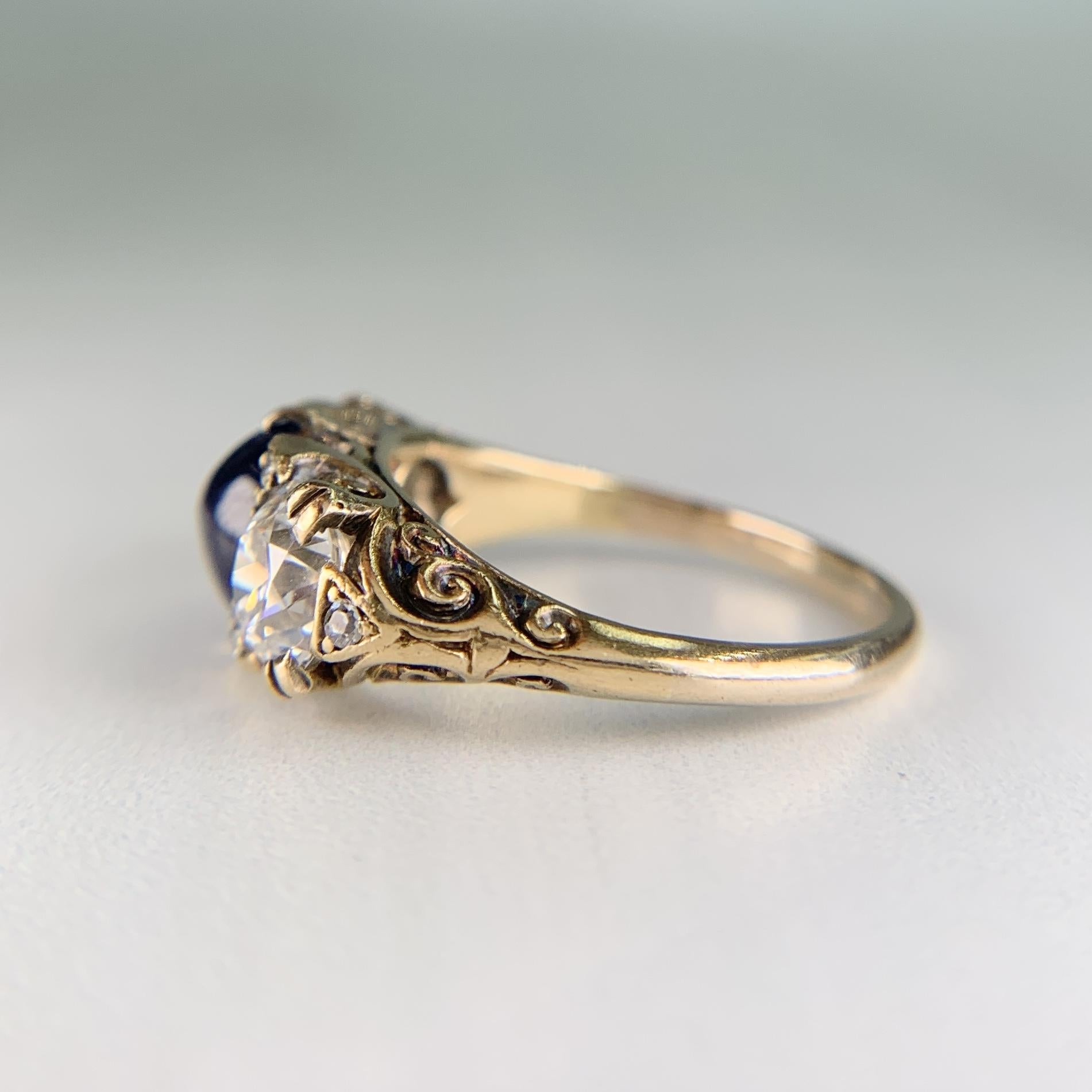 Antique 1910 No Heat Sapphire and Old European Diamond Ring 12-14k Gold