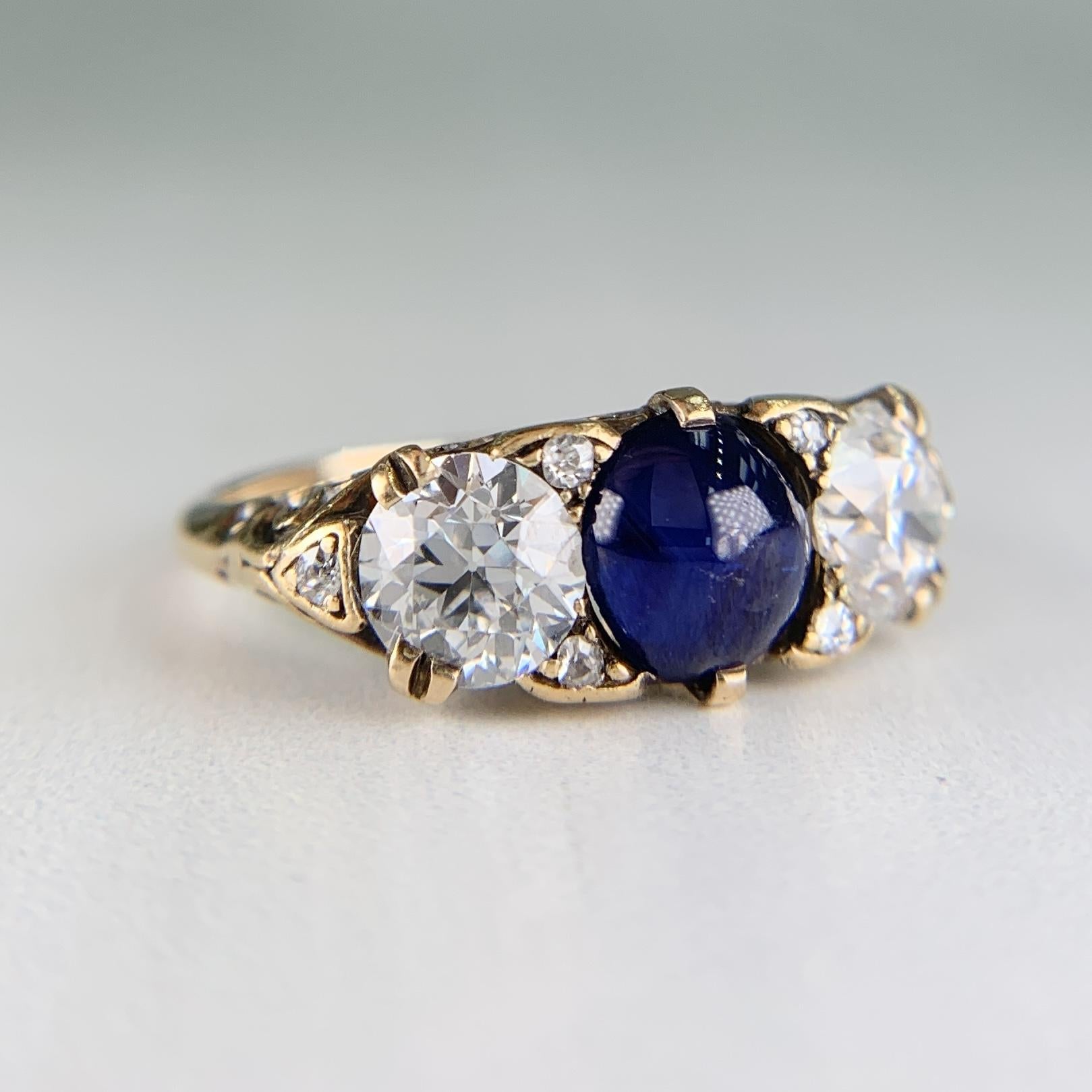 Antique 1910 No Heat Sapphire and Old European Diamond Ring 12-14k Gold