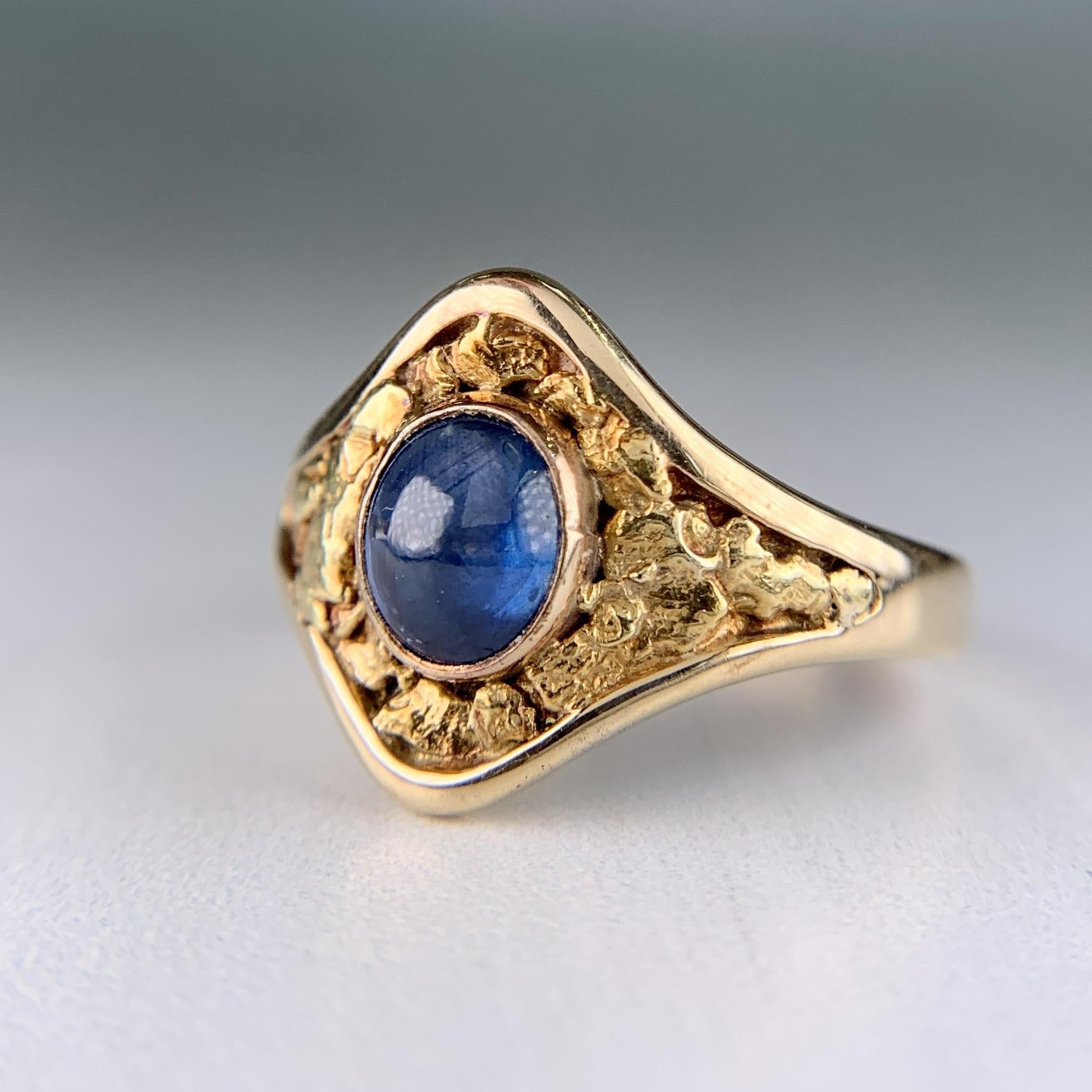 Antique Circa 1890's Sapphire Cabochon Gold Nugget Ring 14k Yellow Gold