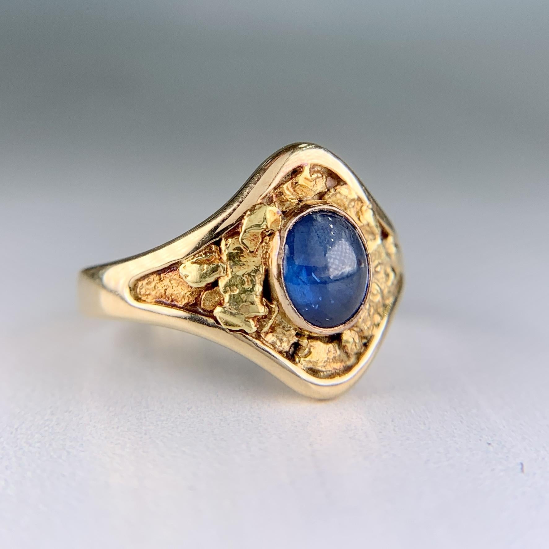 Antique Circa 1890's Sapphire Cabochon Gold Nugget Ring 14k Yellow Gold