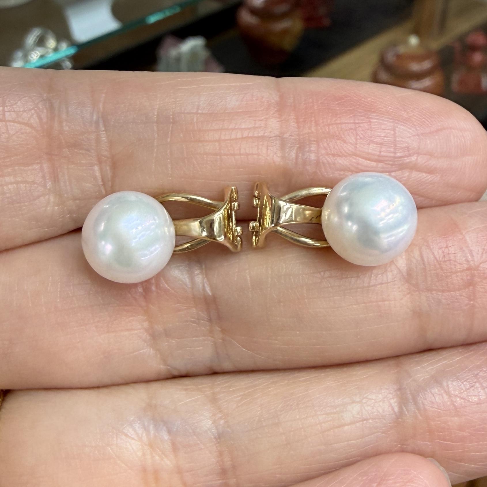 9mm White Akoya Cultured Pearl Omega Back Earrings 14k Yellow Gold