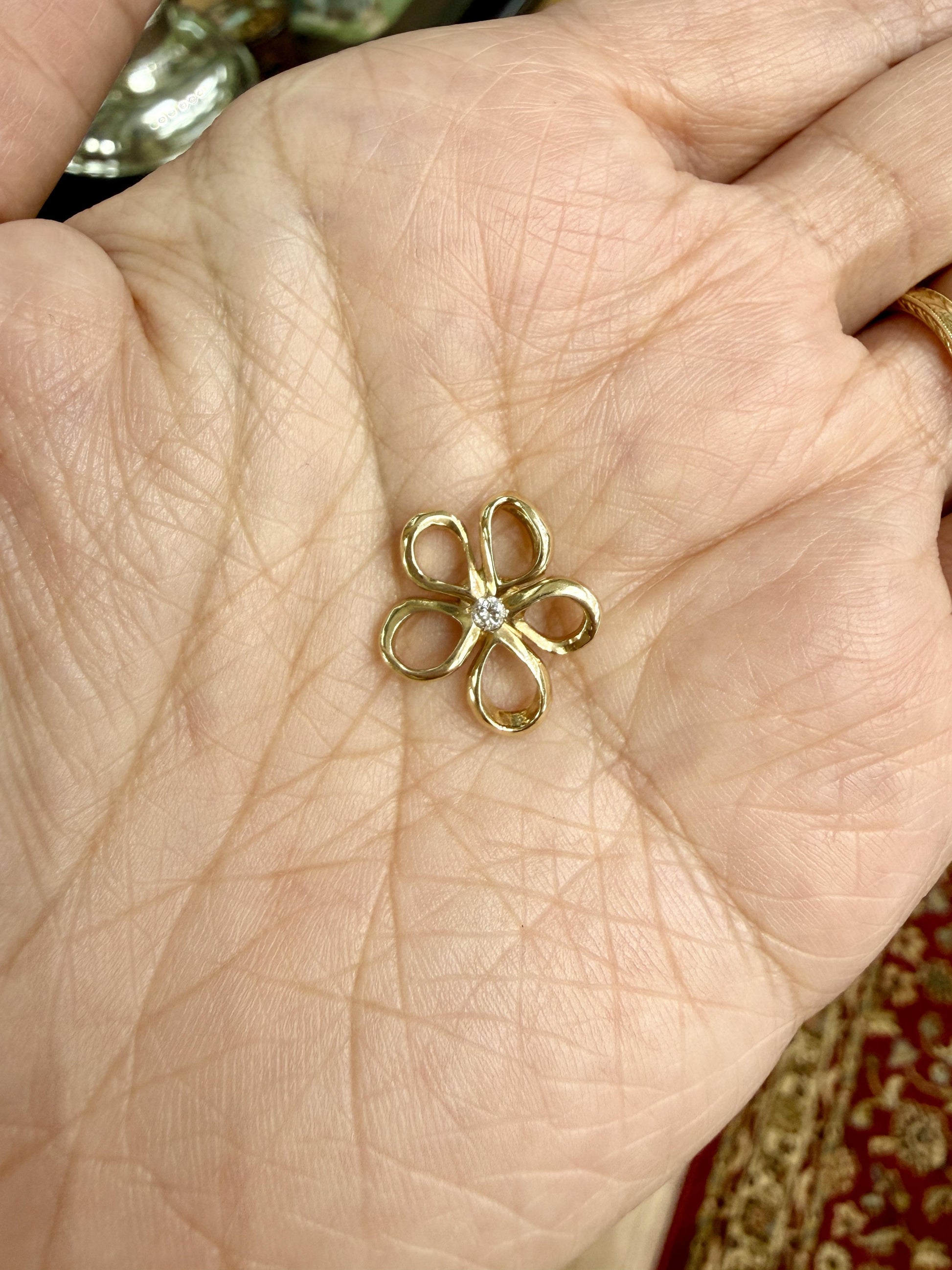 Small Diamond Flower Pendant 14k Yellow Gold