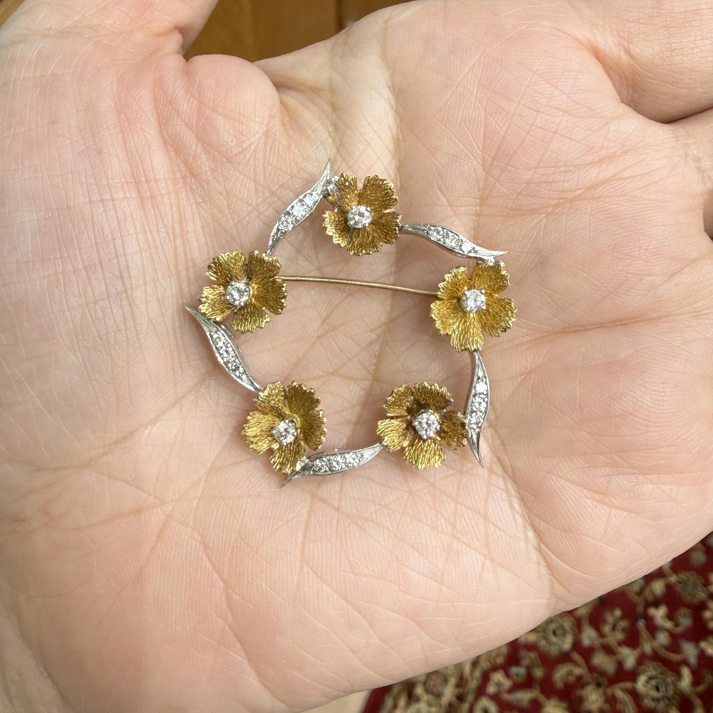 Vintage Floral Diamond Brooch 18k Two Tone Gold