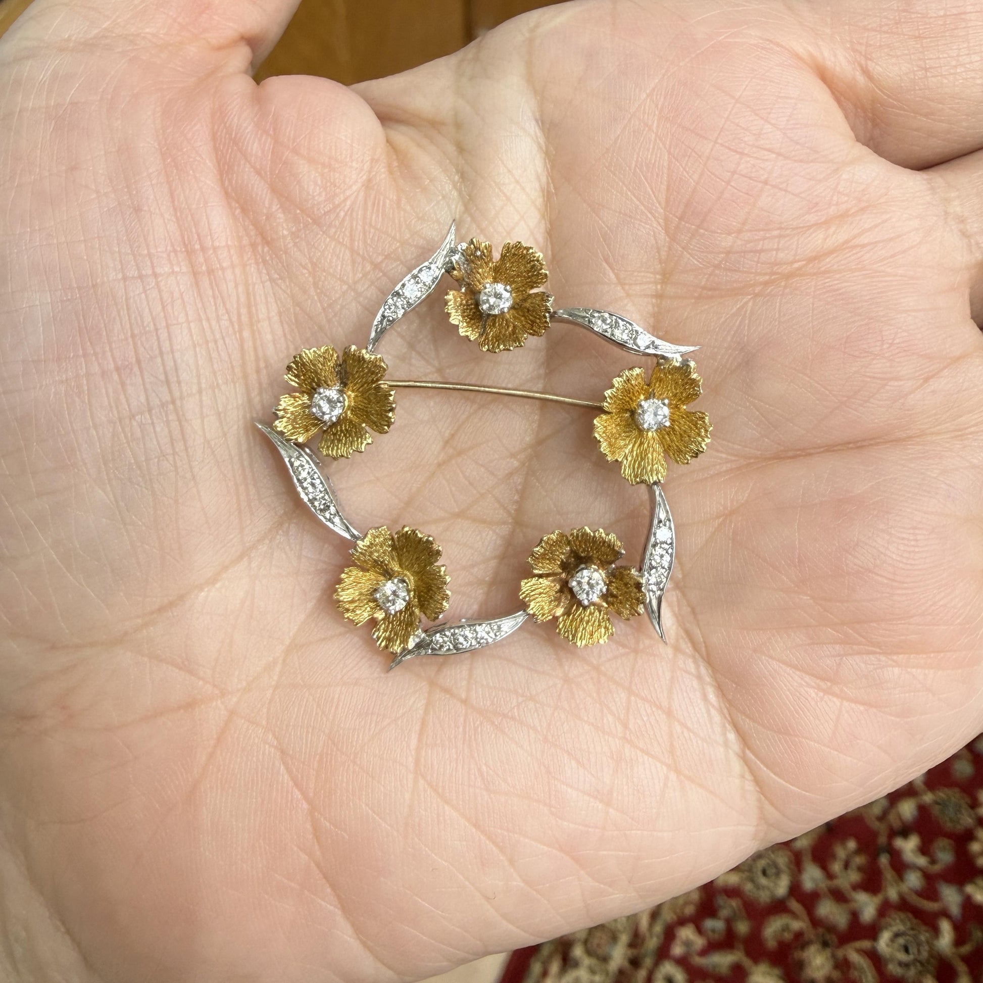 Vintage Floral Diamond Brooch 18k Two Tone Gold