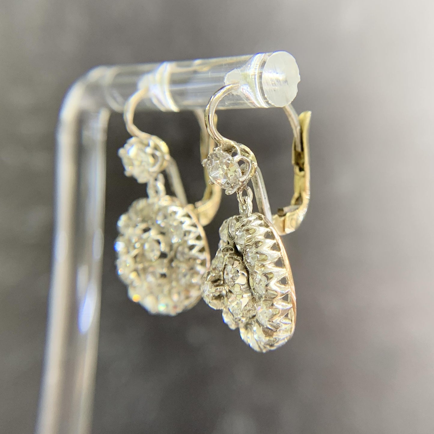 Vintage Old Mine Cut Diamond Drop Earrings Silver/Gold