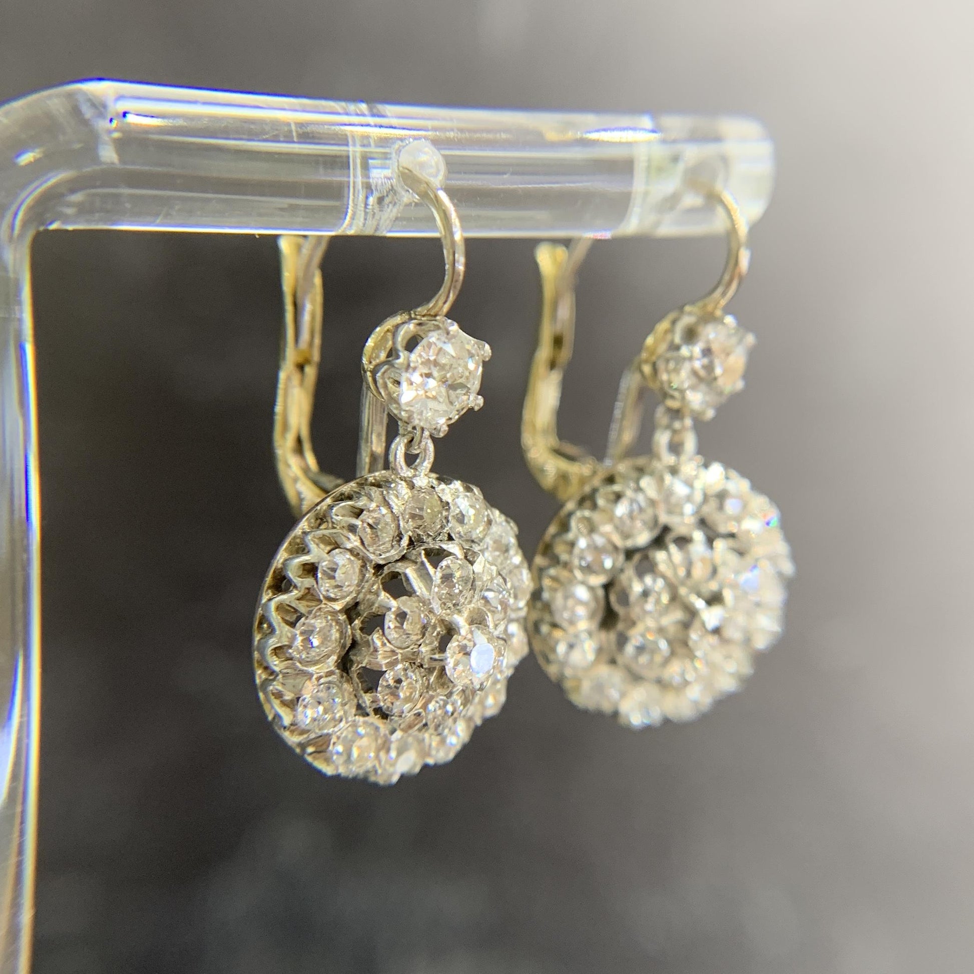 Vintage Old Mine Cut Diamond Drop Earrings Silver/Gold