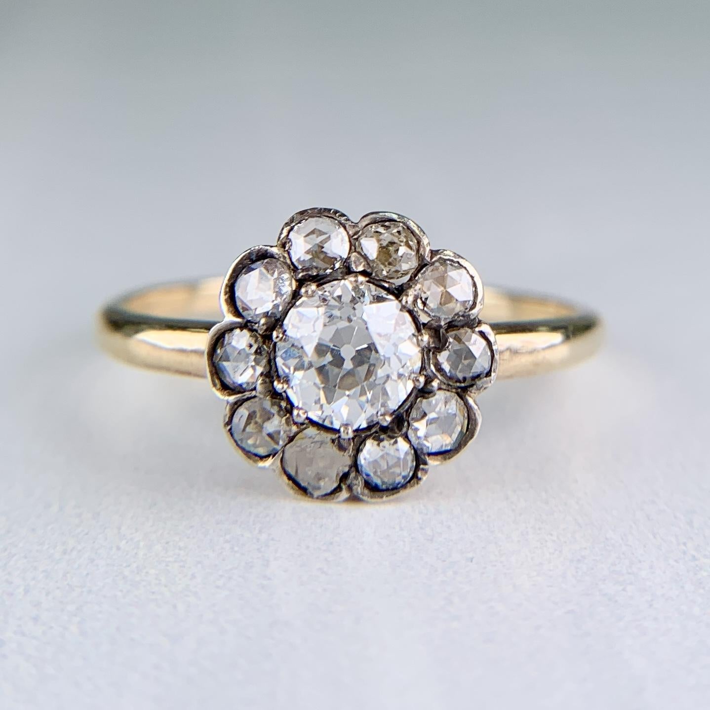 Antique Old Cut Diamond Cluster Flower Ring Silver/14k Yellow Gold