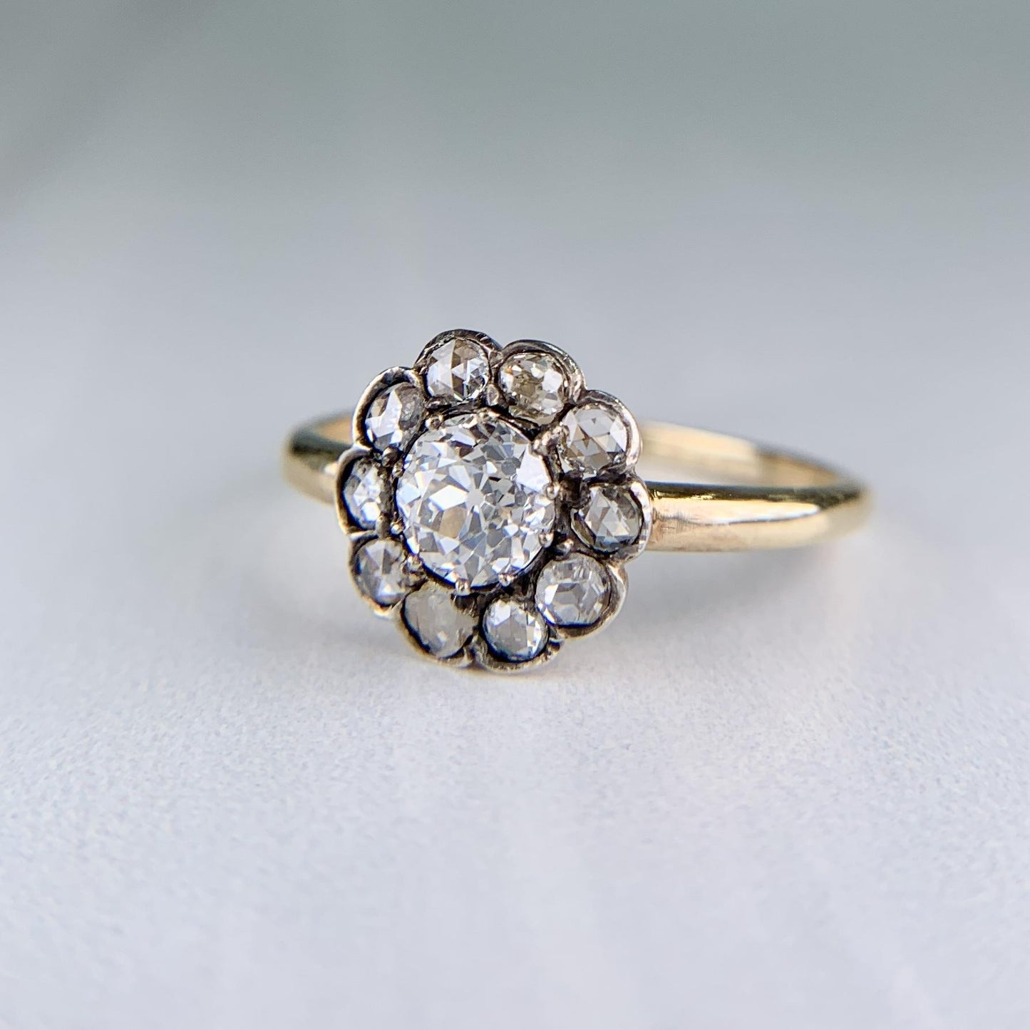 Antique Old Cut Diamond Cluster Flower Ring Silver/14k Yellow Gold