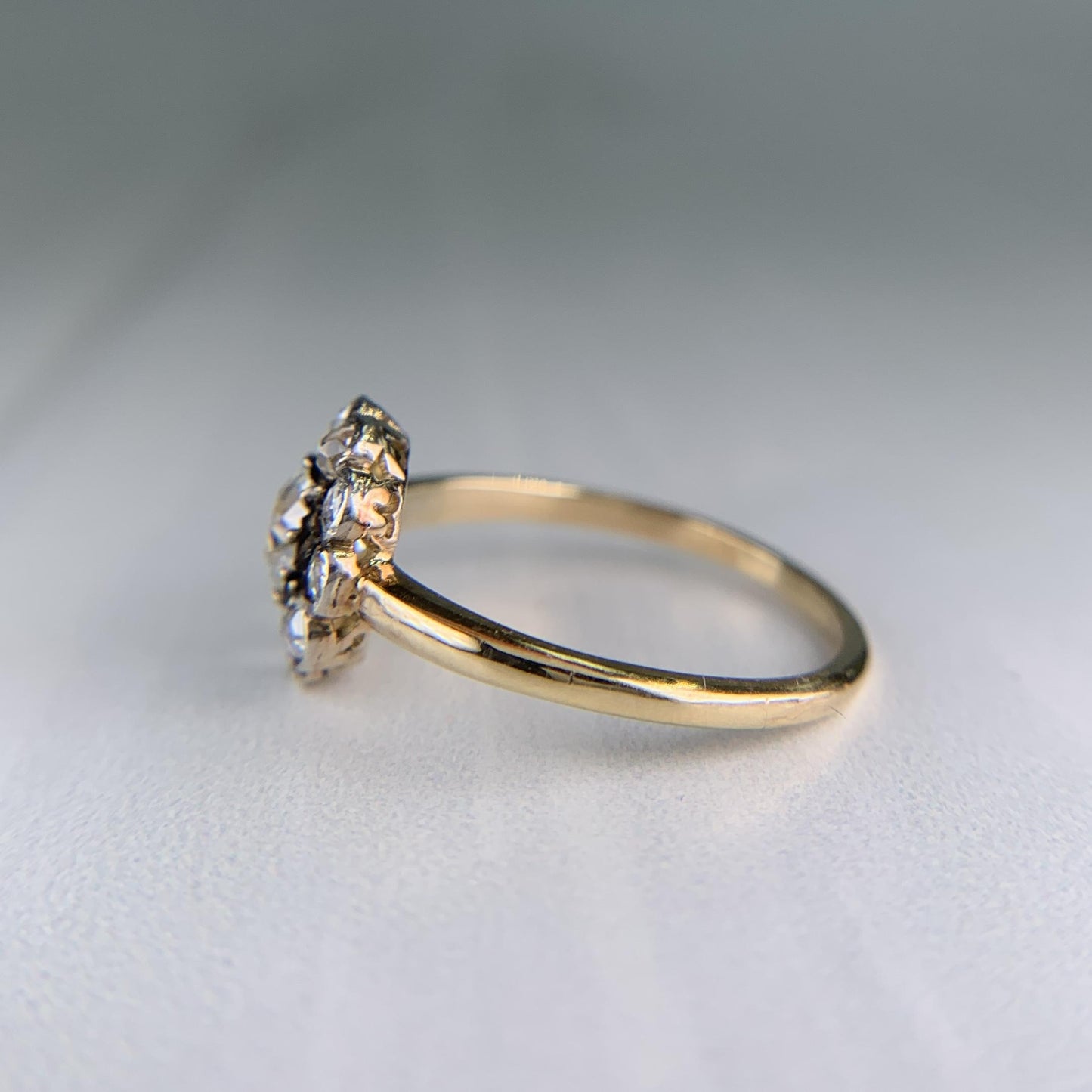 Antique Old Cut Diamond Cluster Flower Ring Silver/14k Yellow Gold