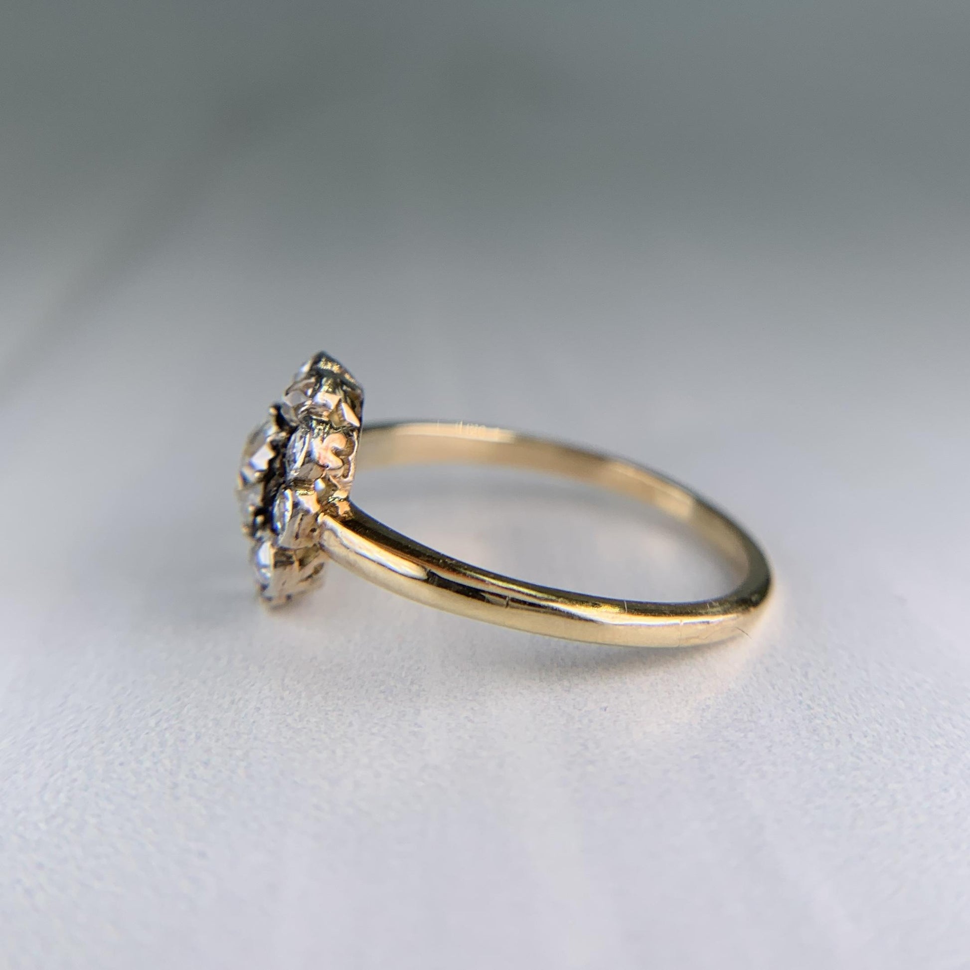 Antique Old Cut Diamond Cluster Flower Ring Silver/14k Yellow Gold