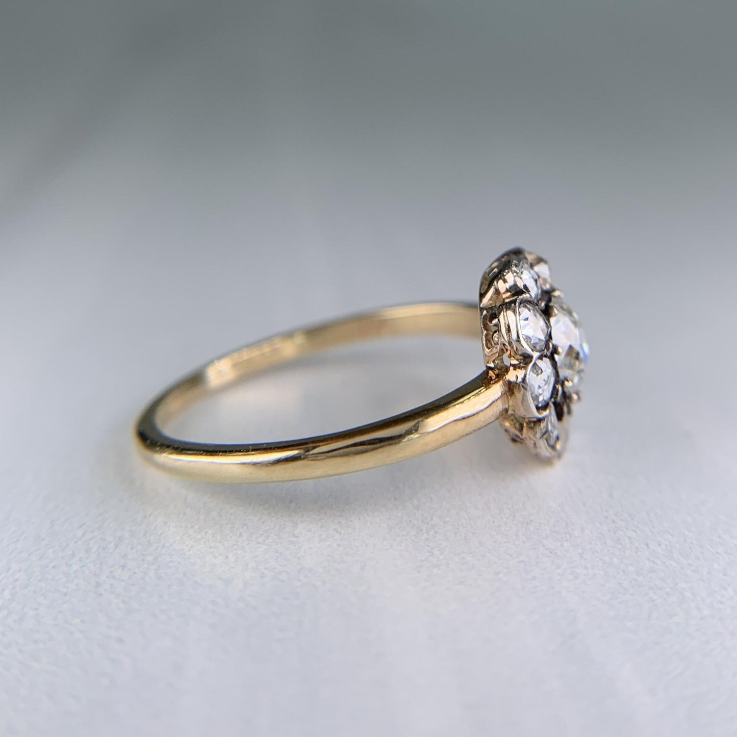 Antique Old Cut Diamond Cluster Flower Ring Silver/14k Yellow Gold